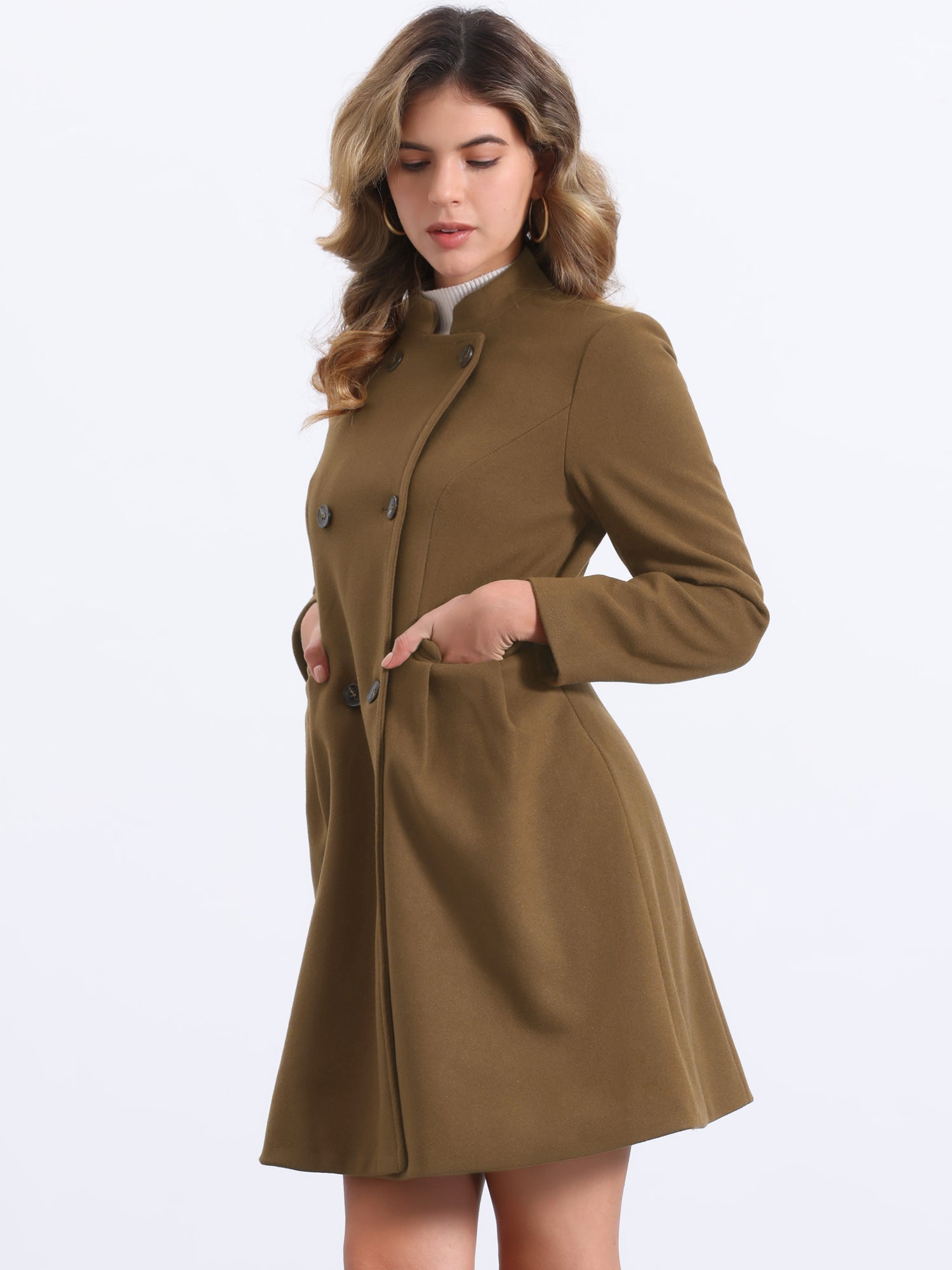 Stand Collar Double Breasted Pocket Long Sleeve A-Line Winter Coats