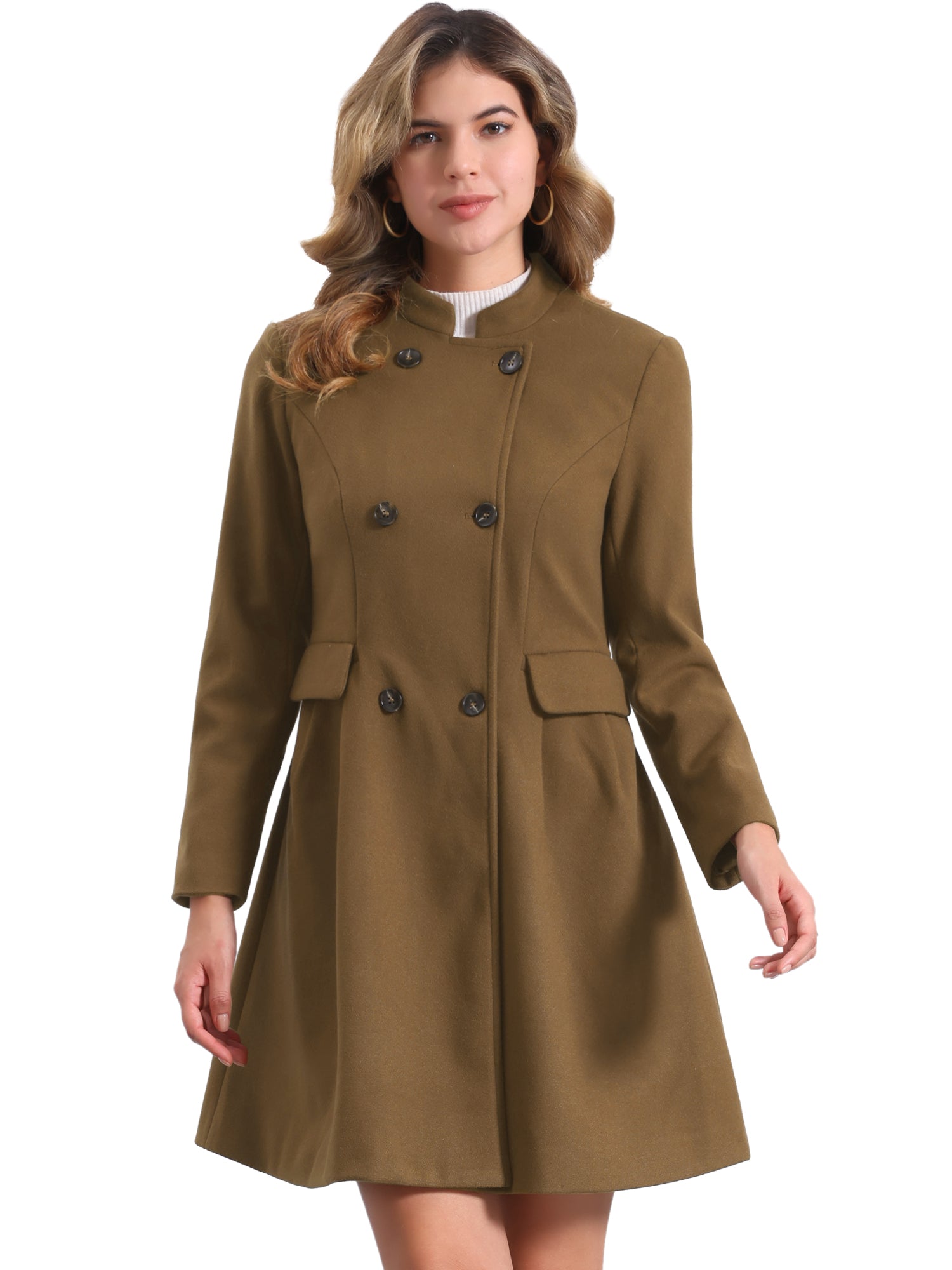 Stand Collar Double Breasted Pocket Long Sleeve A-Line Winter Coats