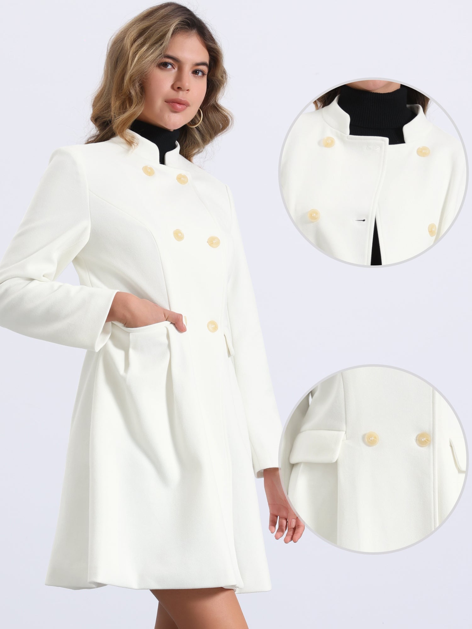 Stand Collar Double Breasted Pocket Long Sleeve A-Line Winter Coats