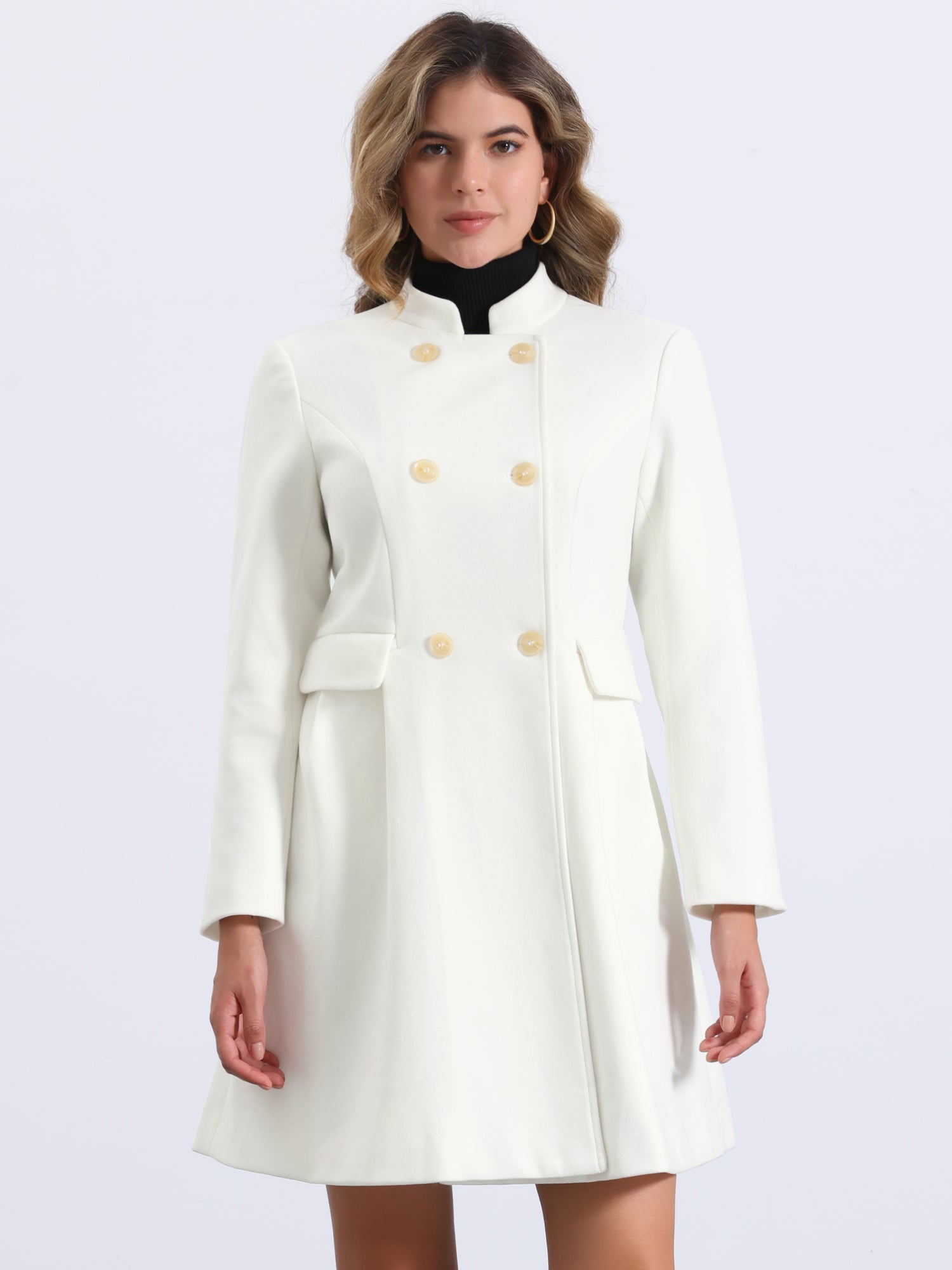 Stand Collar Double Breasted Pocket Long Sleeve A-Line Winter Coats