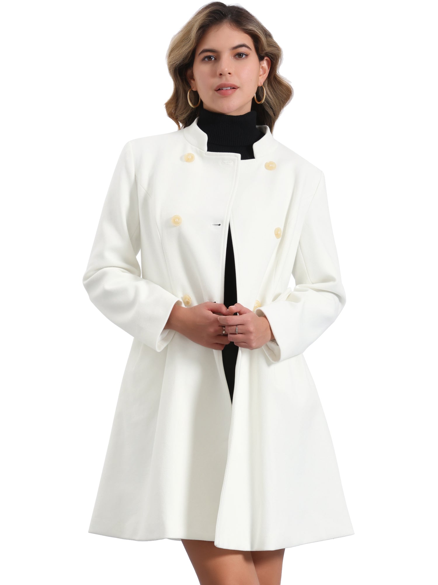 Stand Collar Double Breasted Pocket Long Sleeve A-Line Winter Coats