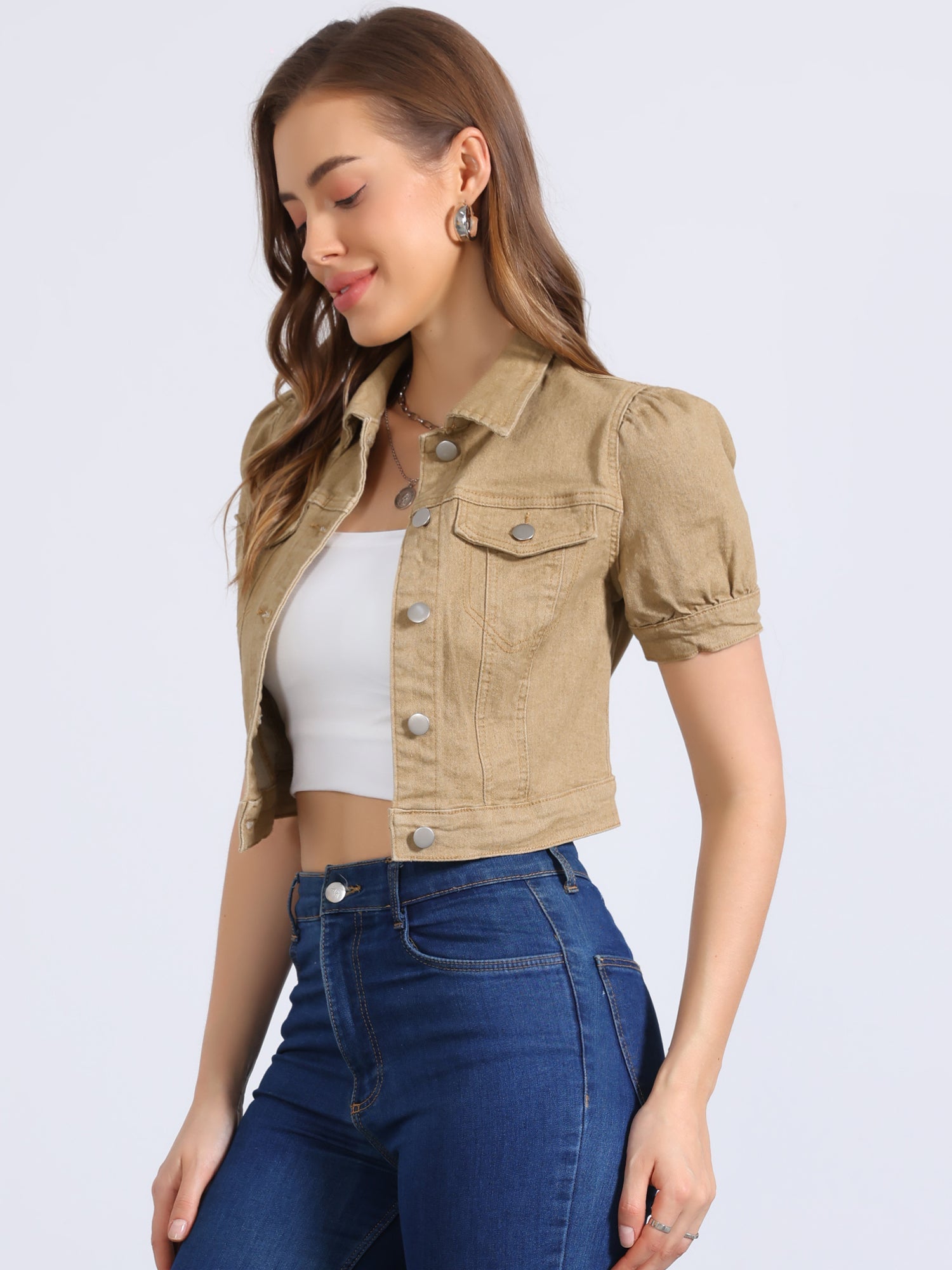 Casual Button-Down Puff Long Sleeve Crop Denim Jacket