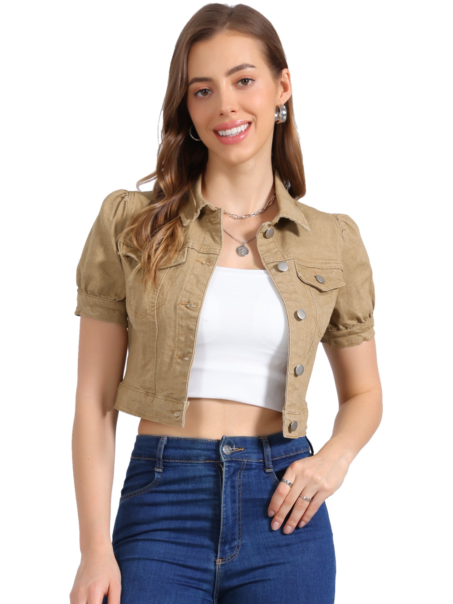 Casual Button-Down Puff Long Sleeve Crop Denim Jacket