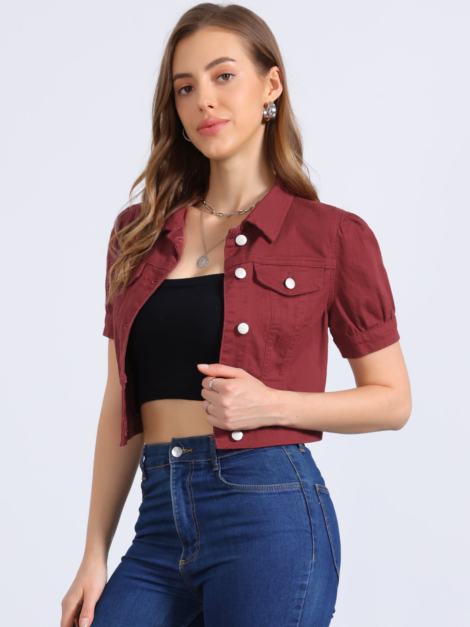 Casual Button-Down Puff Long Sleeve Crop Denim Jacket