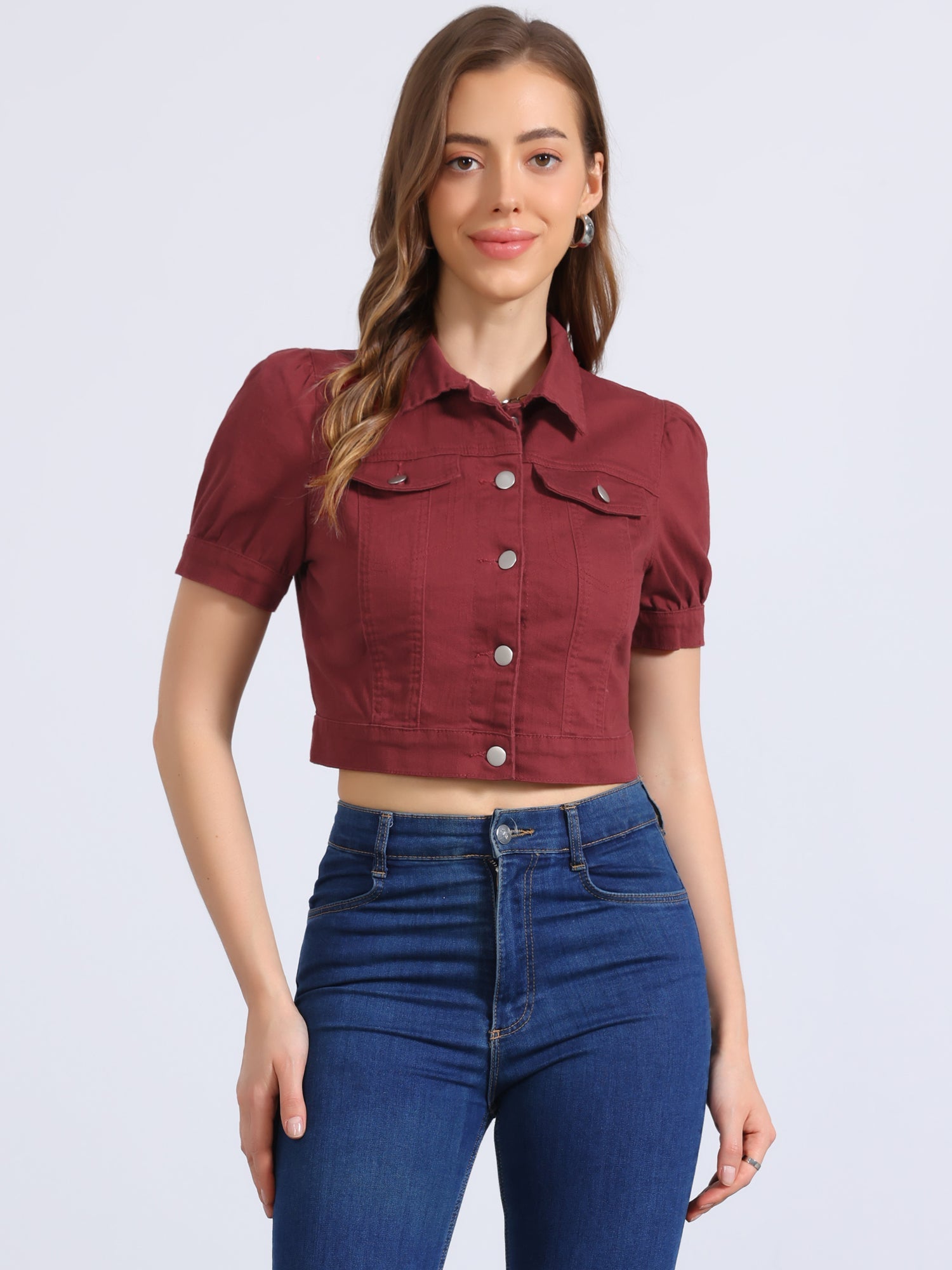 Casual Button-Down Puff Long Sleeve Crop Denim Jacket