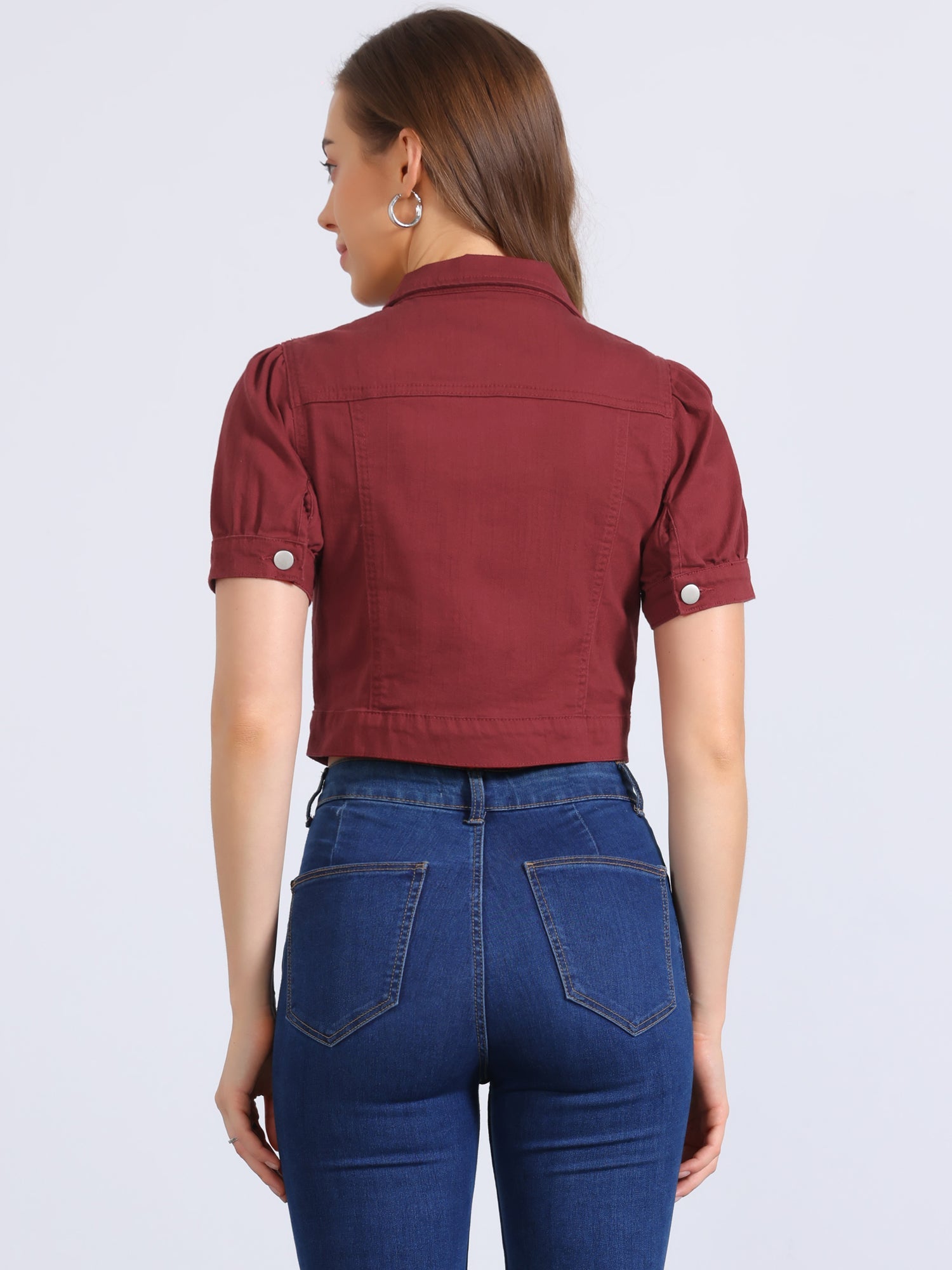 Casual Button-Down Puff Long Sleeve Crop Denim Jacket