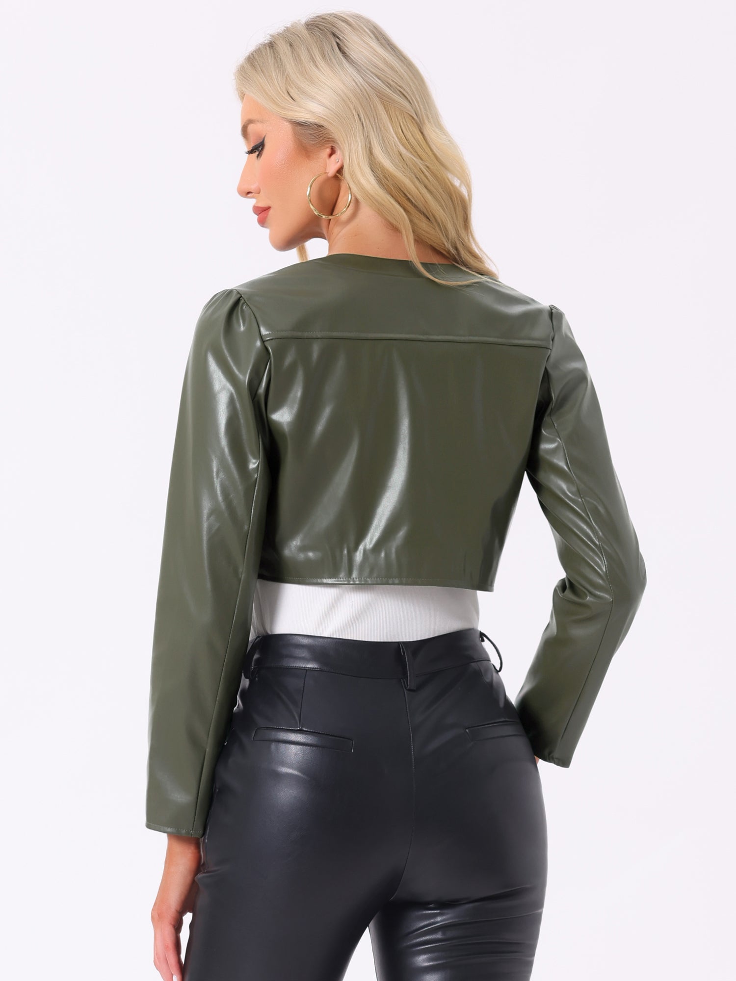 PU Bolero Open Front Leather Cropped Long Sleeve Cardigan
