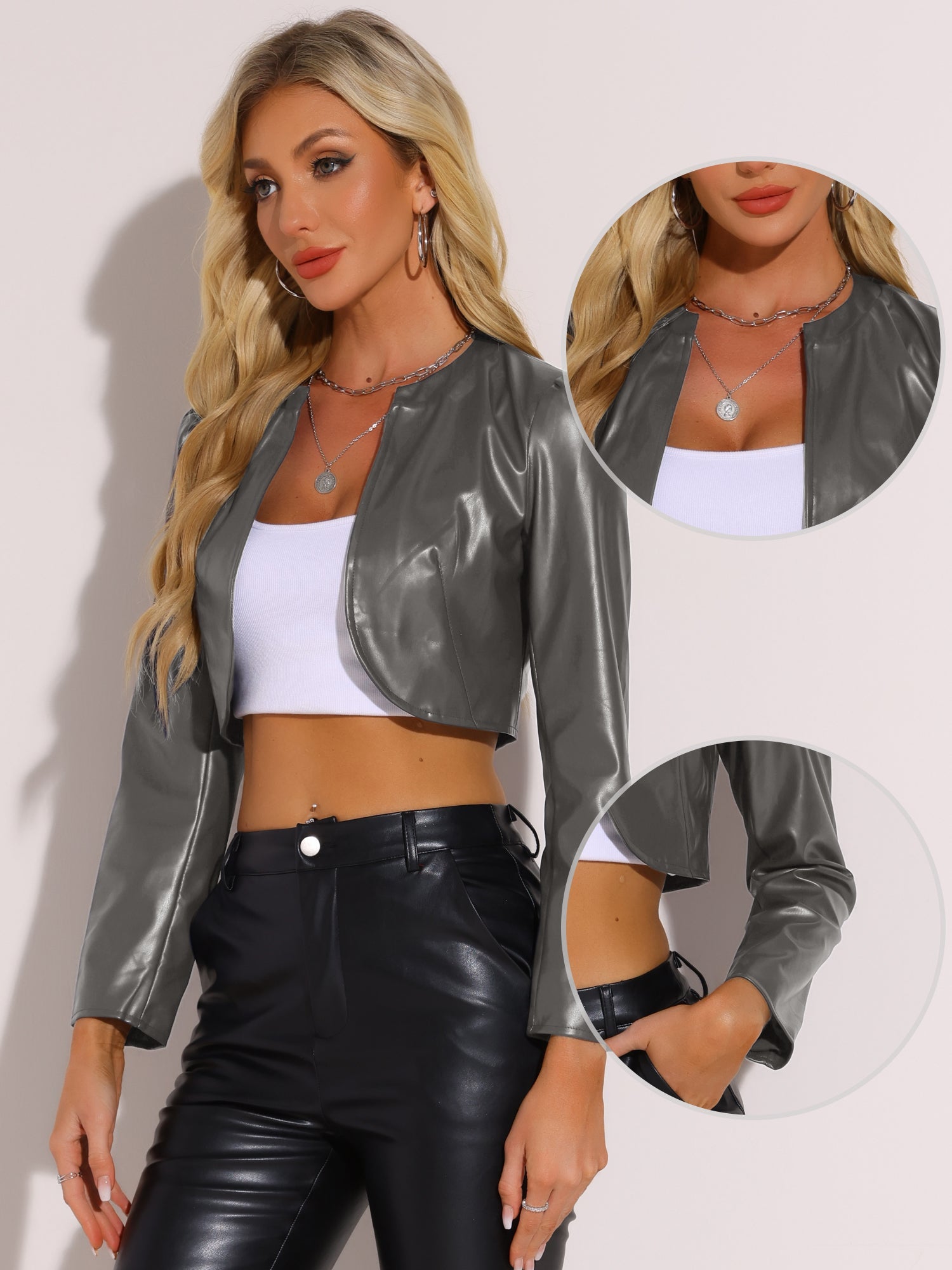PU Bolero Open Front Leather Cropped Long Sleeve Cardigan