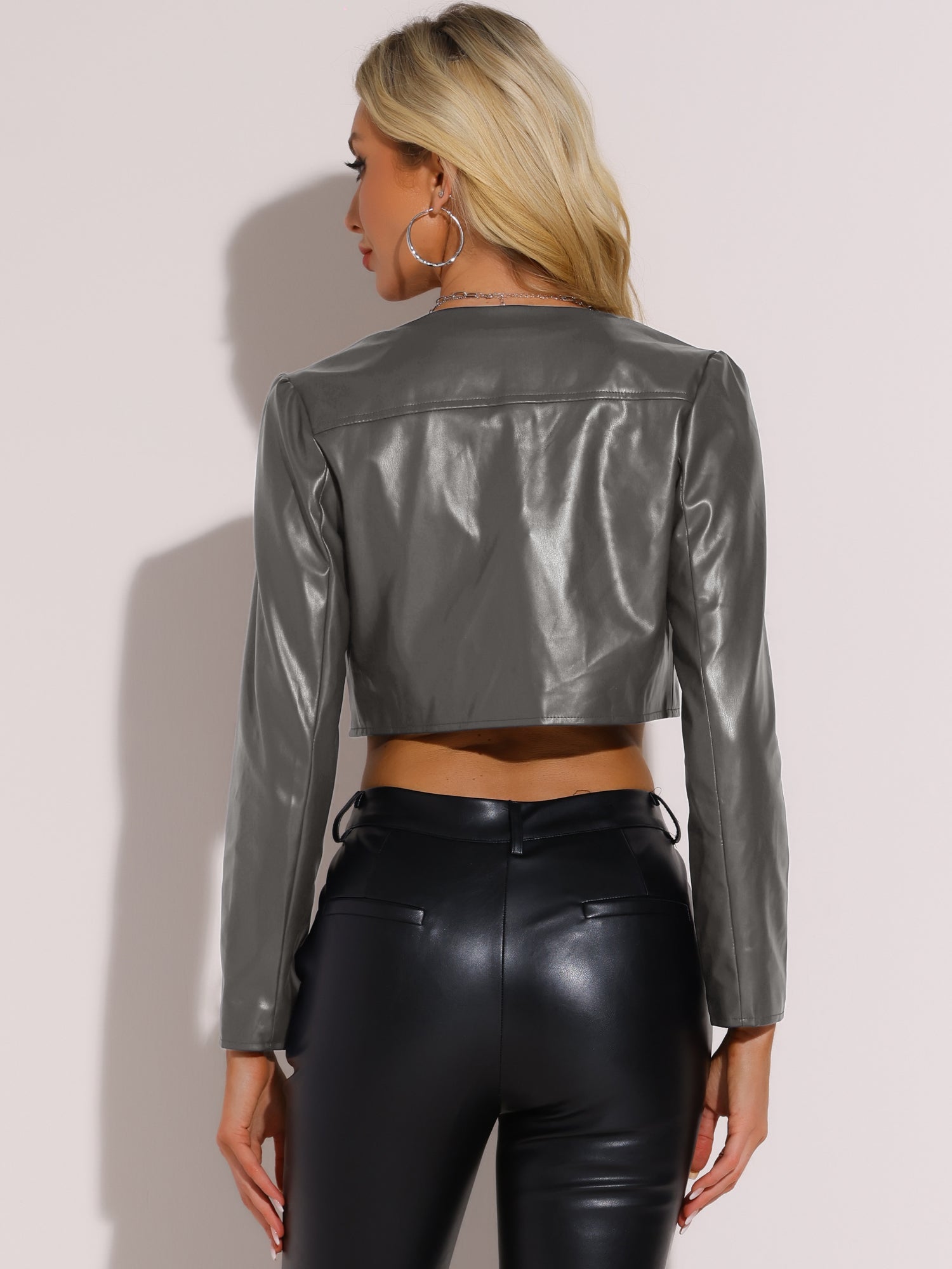 PU Bolero Open Front Leather Cropped Long Sleeve Cardigan