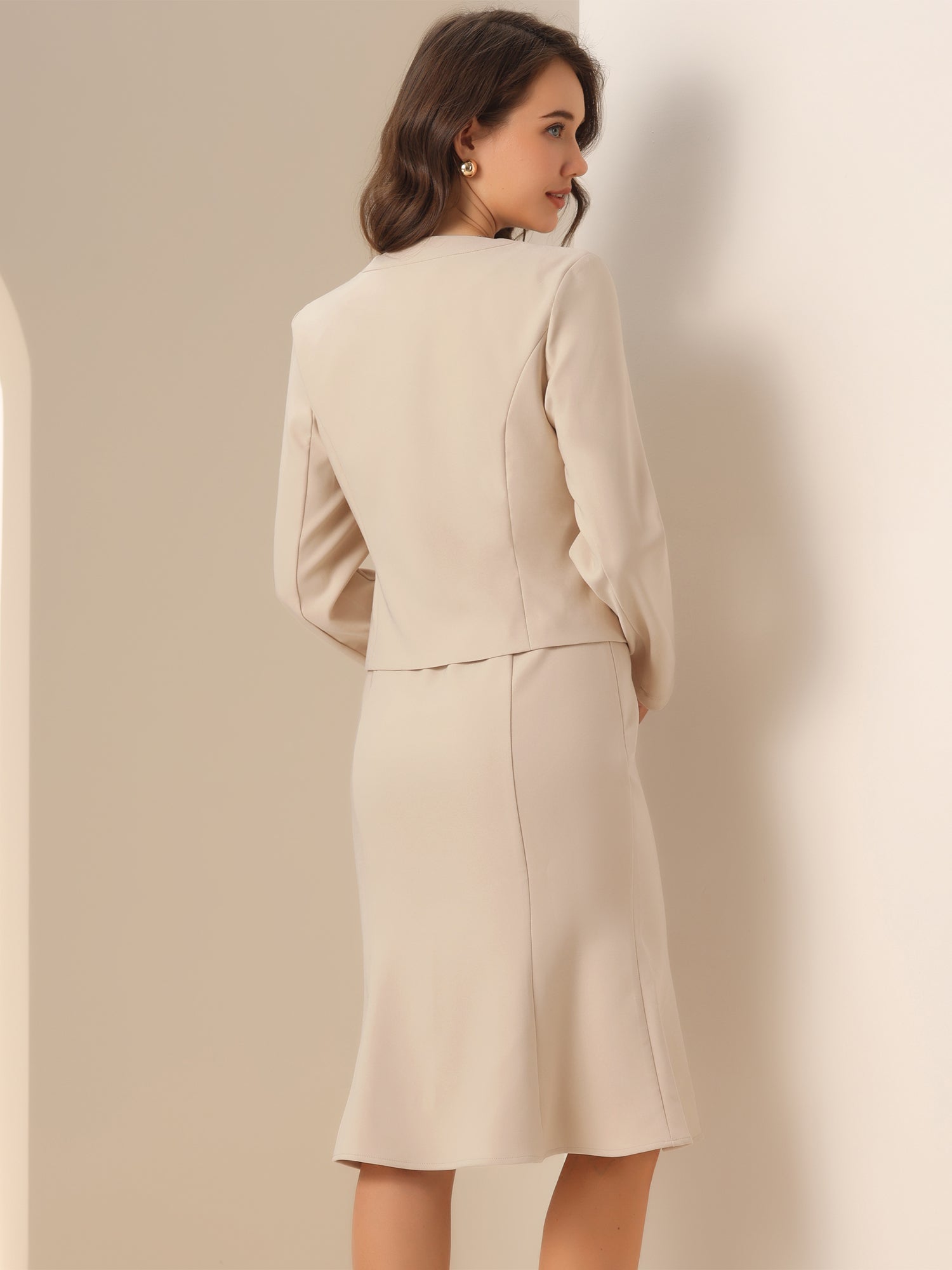 2 Pieces Long Sleeves Collarless Jacket & Sleeveless Fishtail Midi Dress Sets
