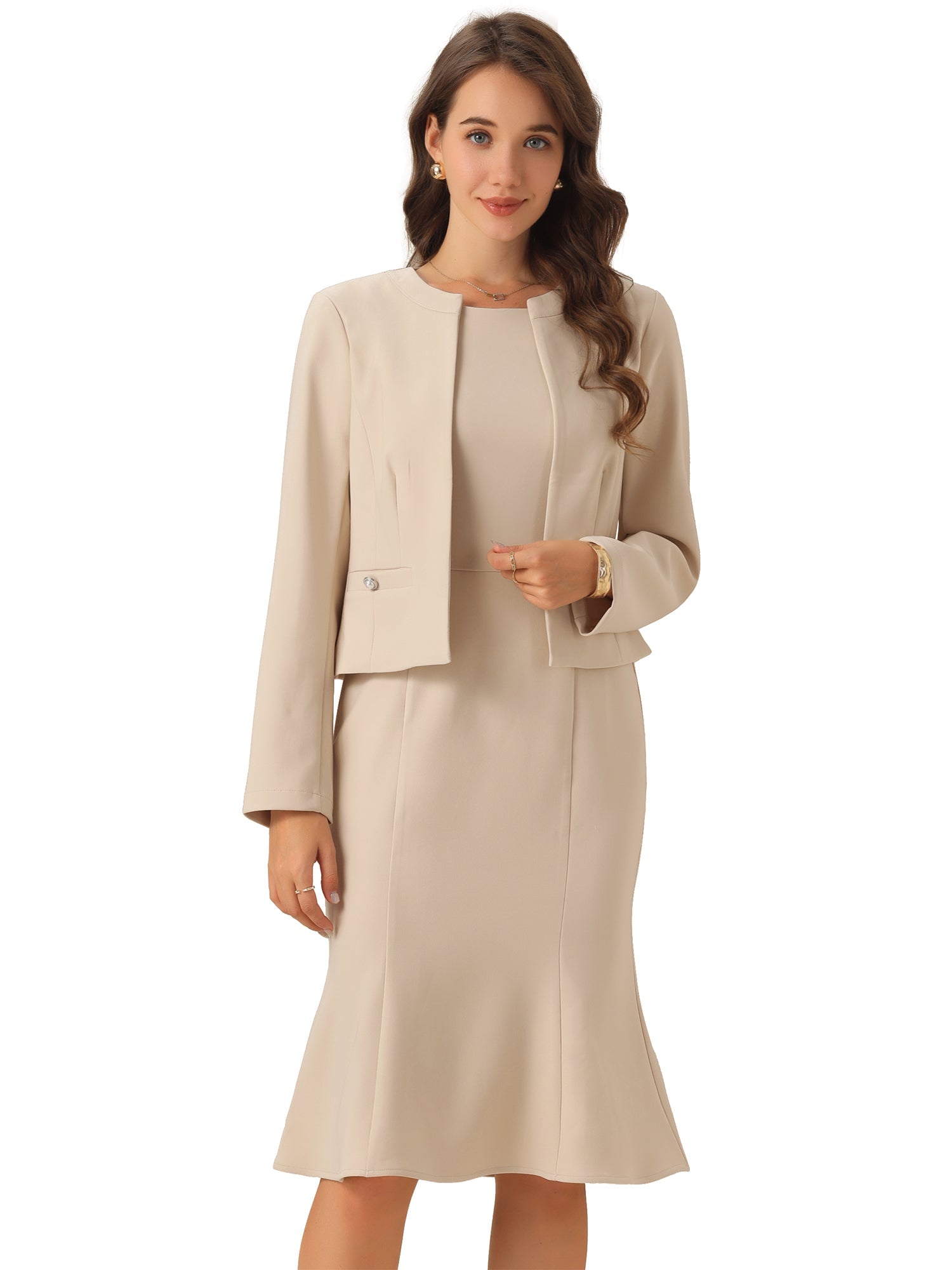 2 Pieces Long Sleeves Collarless Jacket & Sleeveless Fishtail Midi Dress Sets