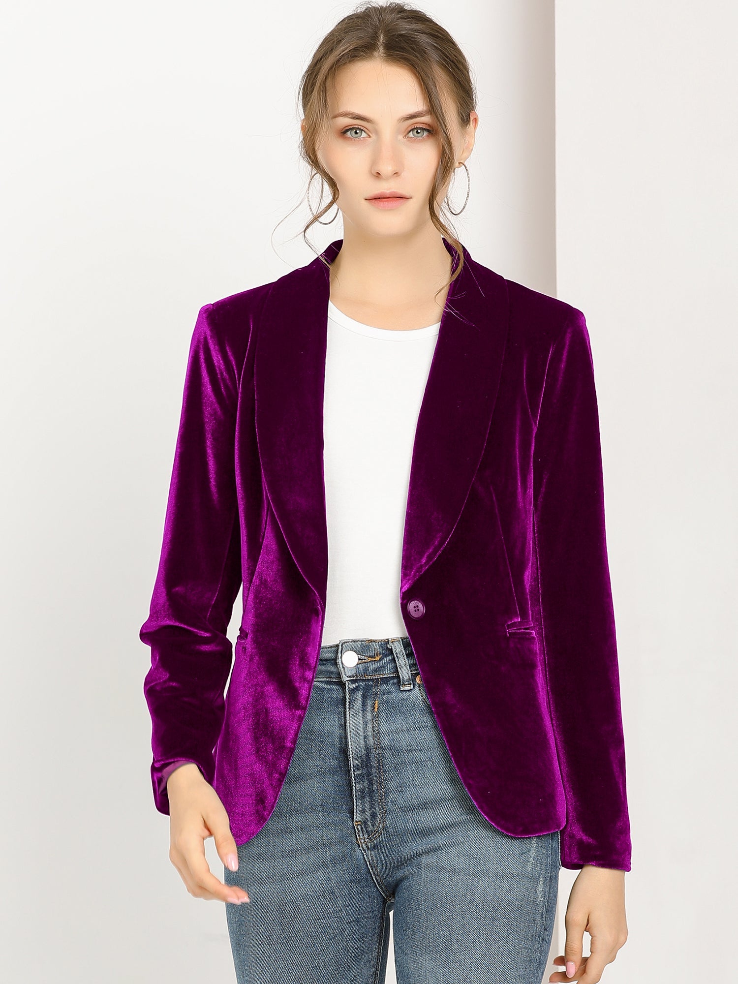 Solid Shawl Collar Single Button Velvet Blazer