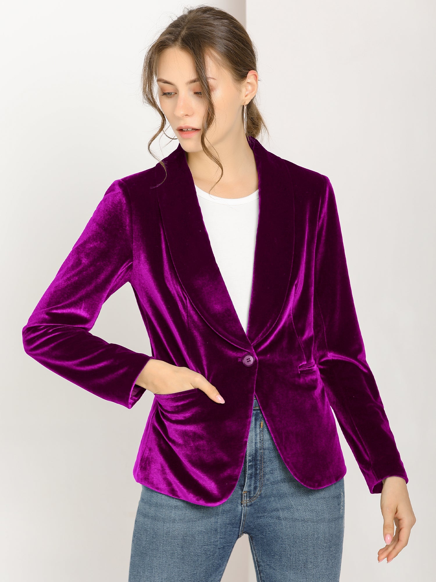 Solid Shawl Collar Single Button Velvet Blazer