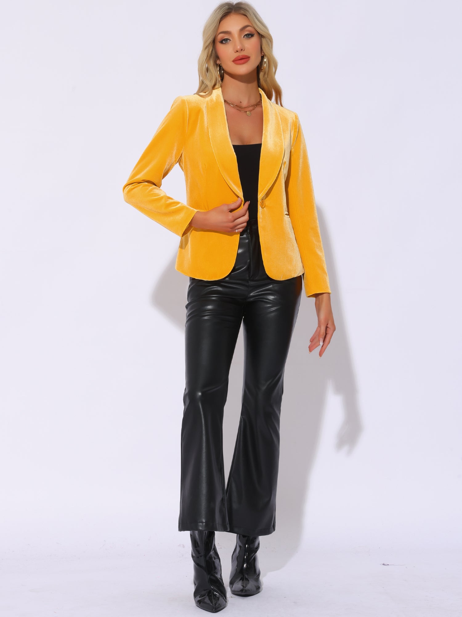 Shawl Collar Single Button Velvet Solid Office Work Jacket Blazer