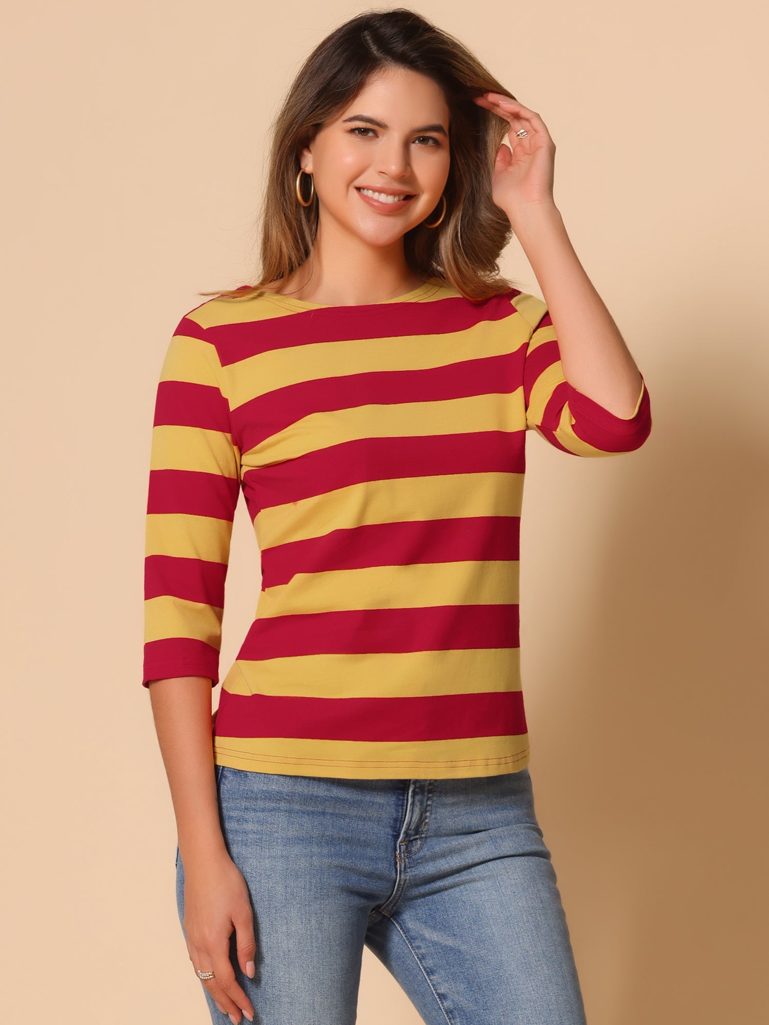 Striped 3/4 Sleeve Casual Basic Boat Neck T-shirt