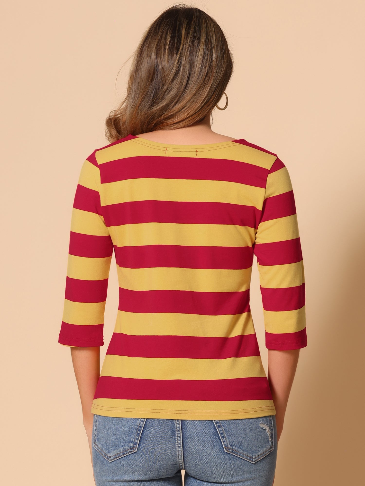 Striped 3/4 Sleeve Casual Basic Boat Neck T-shirt