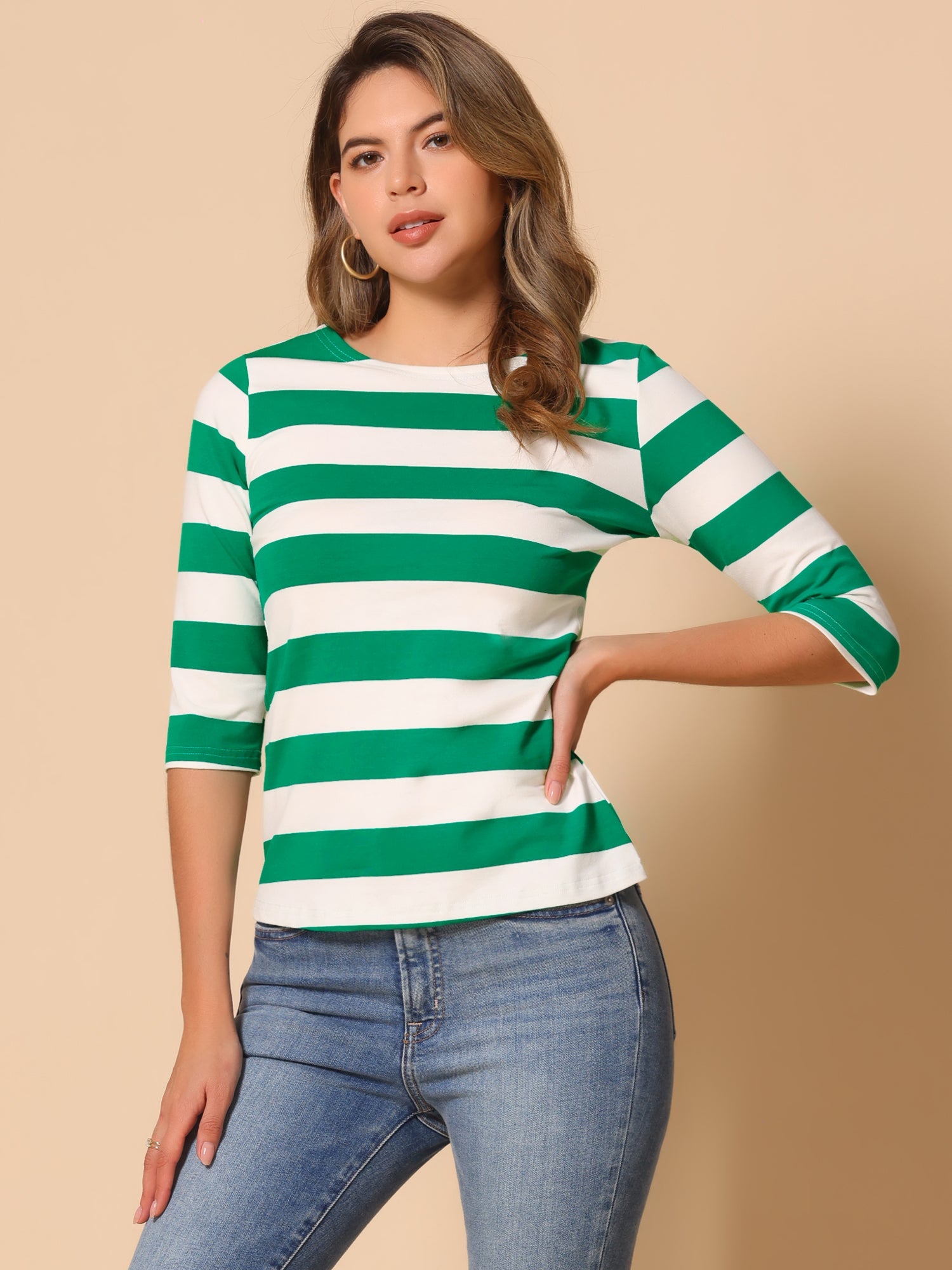 Striped 3/4 Sleeve Casual Basic Boat Neck T-shirt