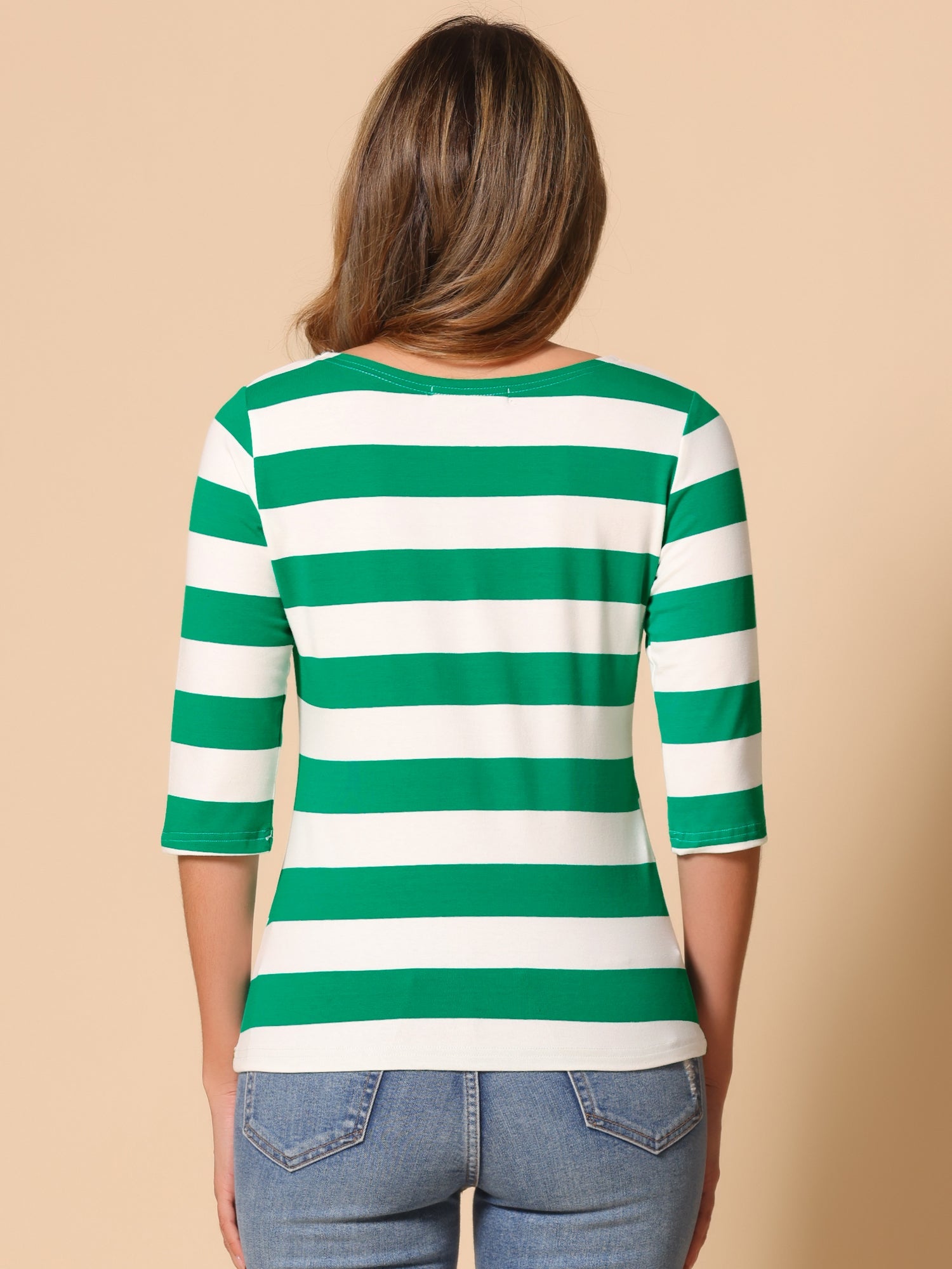 Striped 3/4 Sleeve Casual Basic Boat Neck T-shirt