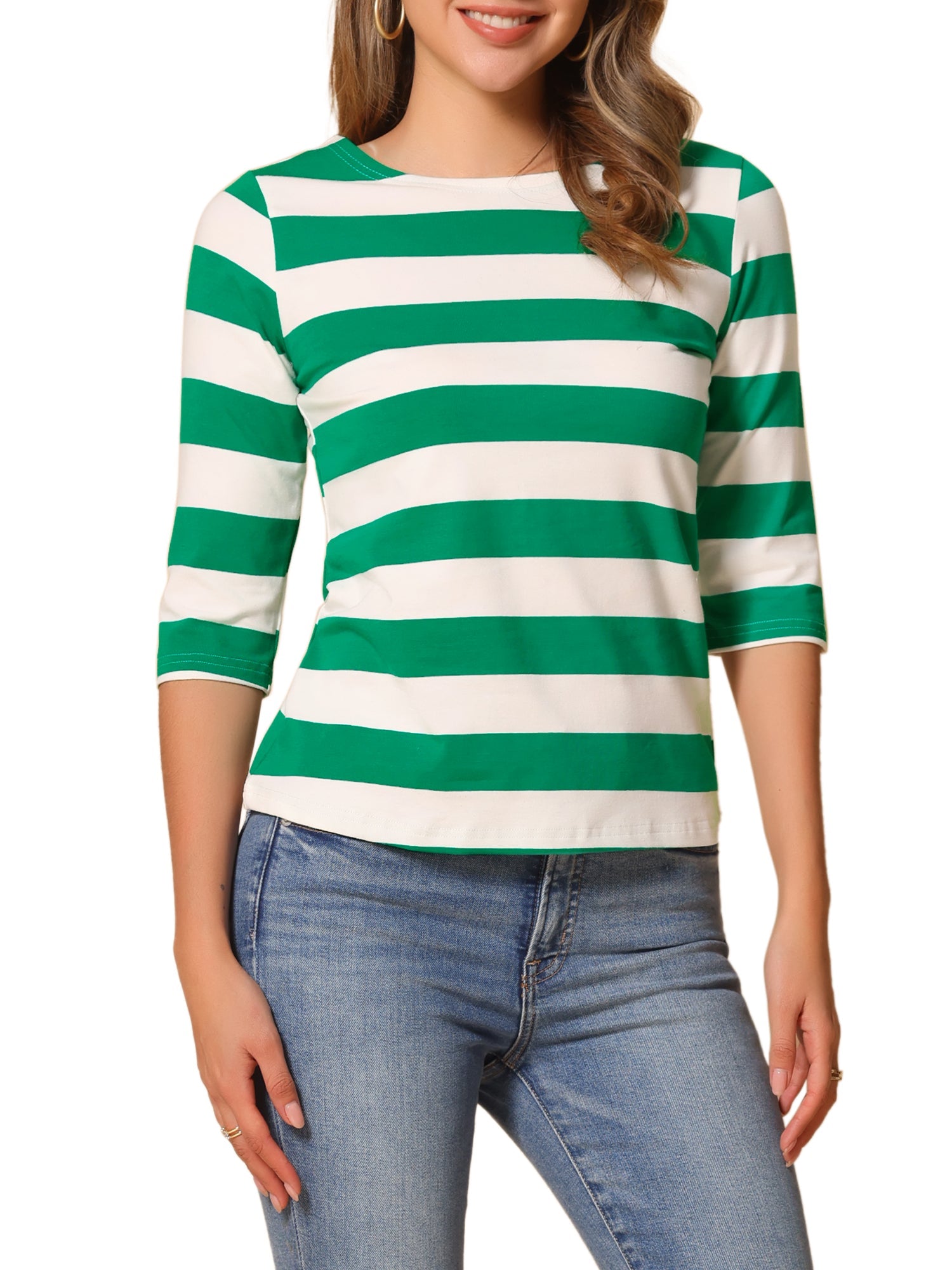 Striped 3/4 Sleeve Casual Basic Boat Neck T-shirt