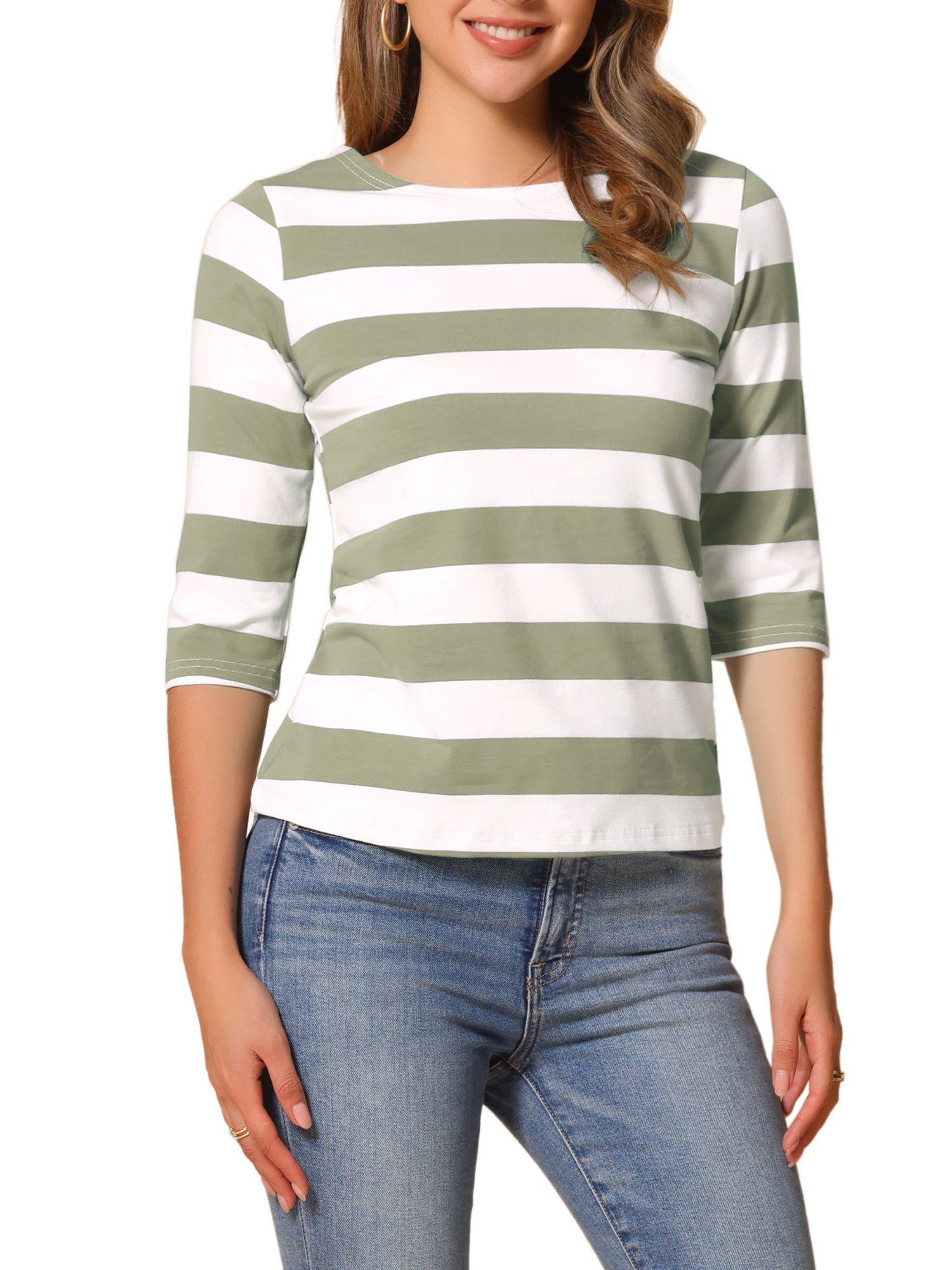Striped 3/4 Sleeve Casual Basic Boat Neck T-shirt