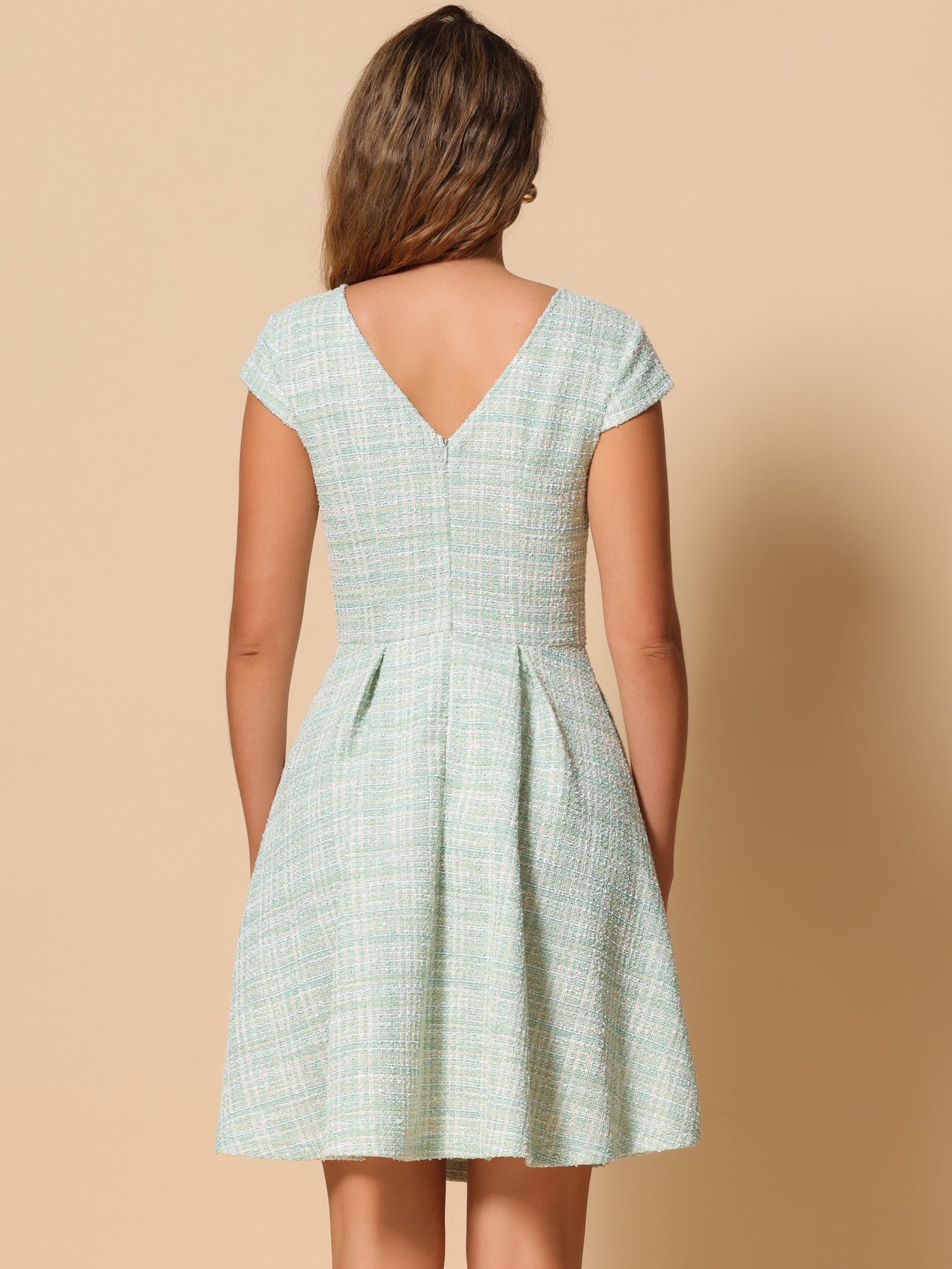 Plaid Tweed Round Neck Cap Sleeve A-Line Vintage Pleated Dress
