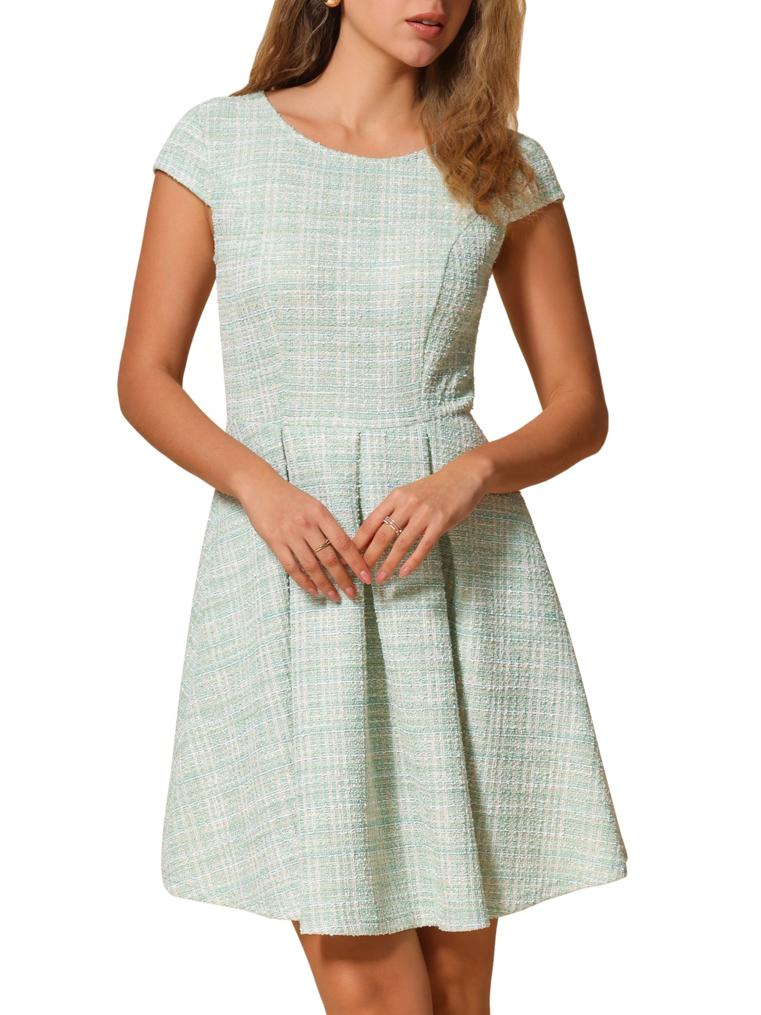 Plaid Tweed Round Neck Cap Sleeve A-Line Vintage Pleated Dress