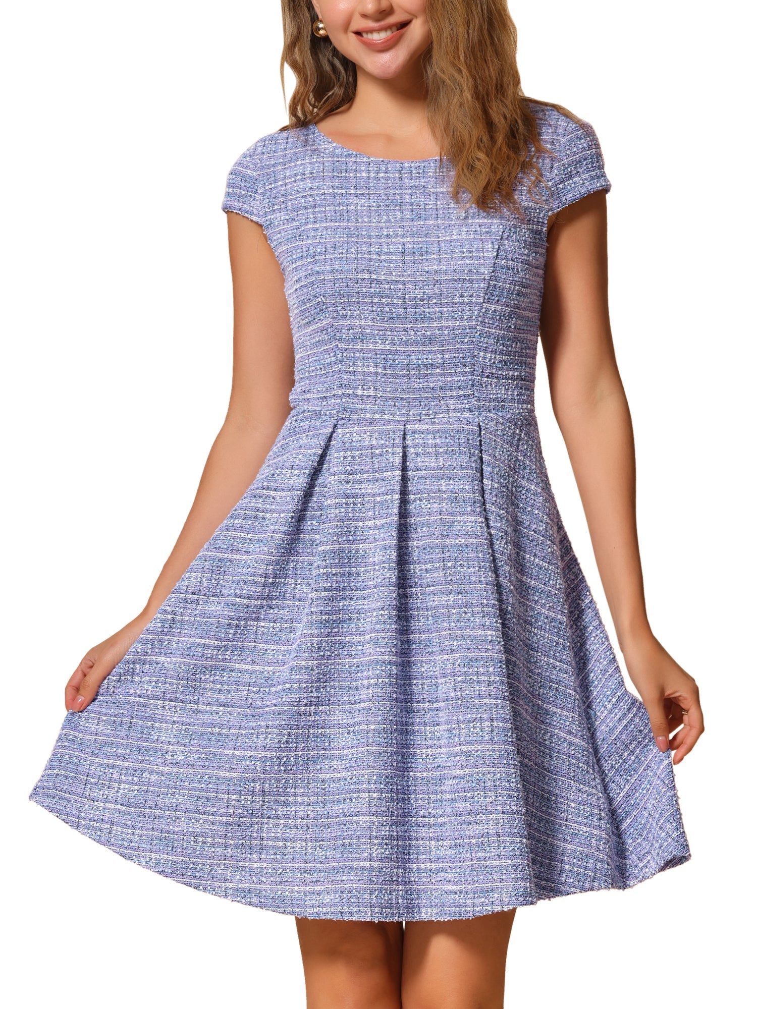Plaid Tweed Round Neck Cap Sleeve A-Line Vintage Pleated Dress