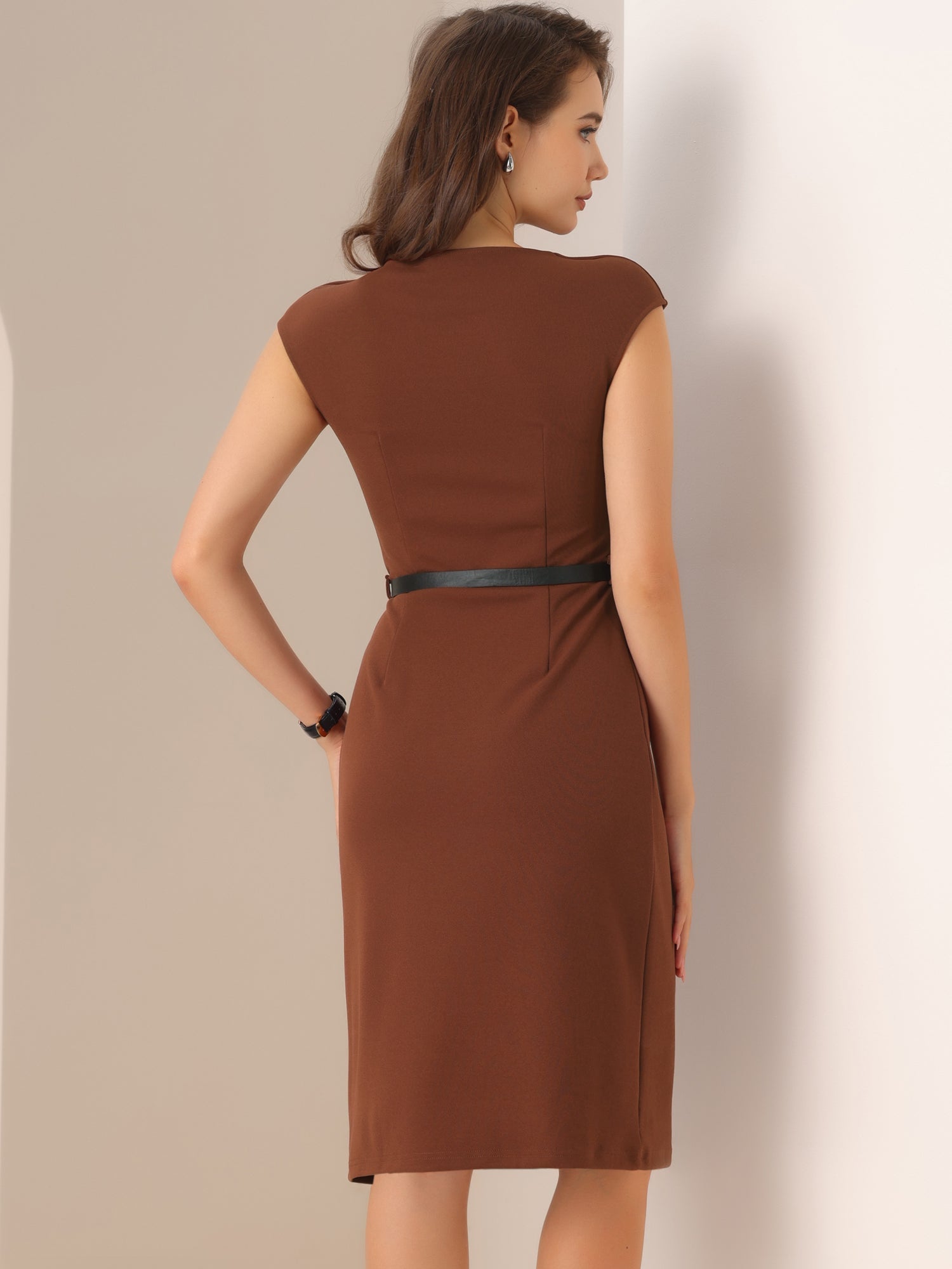 Elegant Business Cap Sleeve Belted Pencil Work Sheath Dress