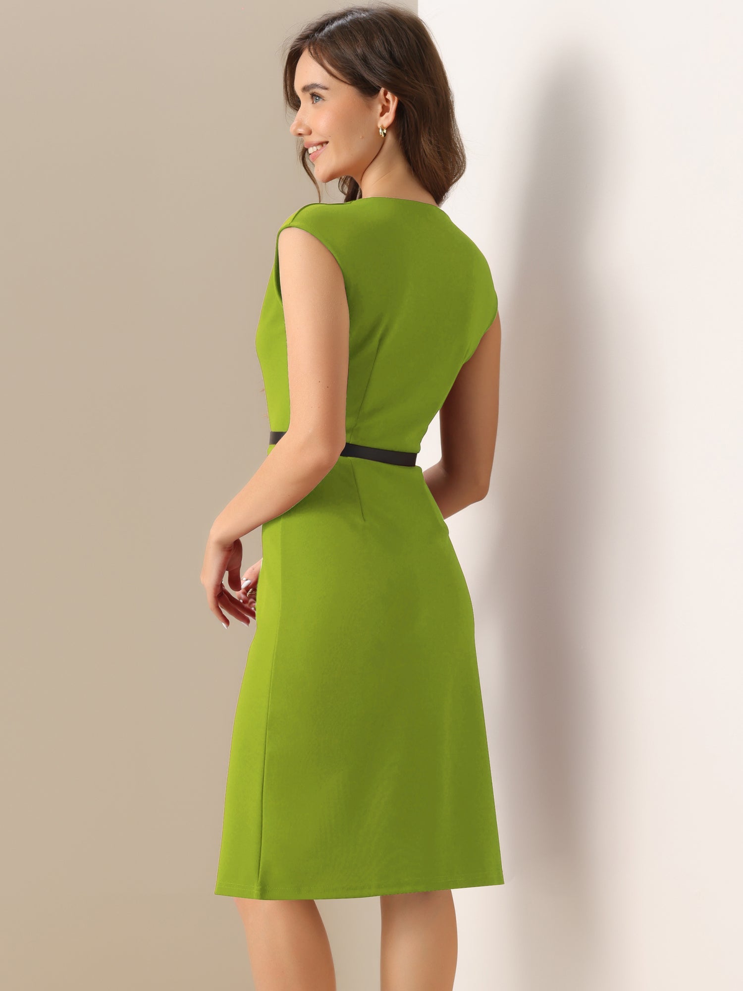 Elegant Business Cap Sleeve Belted Pencil Work Sheath Dress