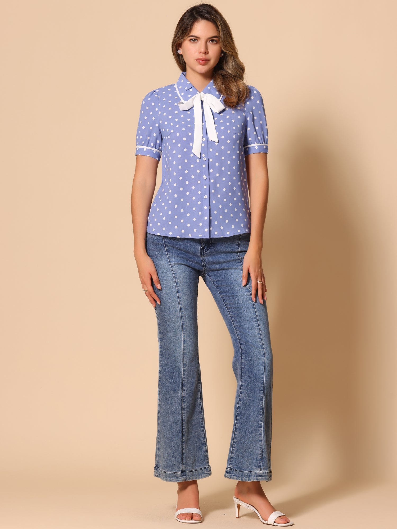 Polka Dot Peter Pan Collar Bow Tie Neck Puff Sleeve Vintage Shirt