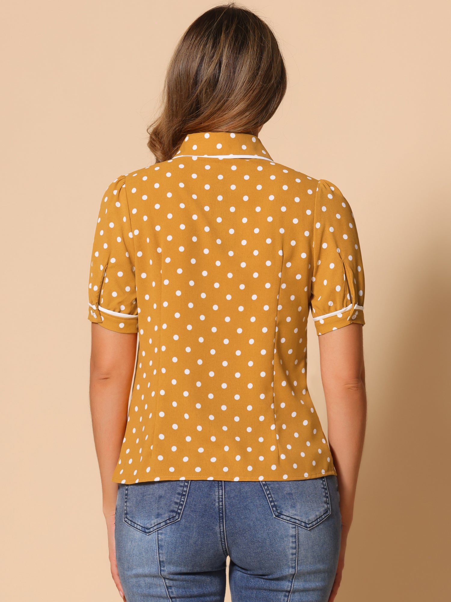 Polka Dot Peter Pan Collar Bow Tie Neck Puff Sleeve Vintage Shirt
