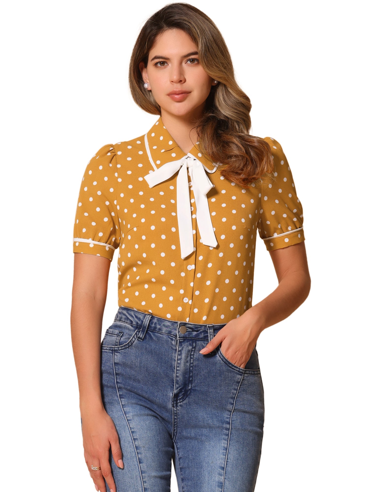 Polka Dot Peter Pan Collar Bow Tie Neck Puff Sleeve Vintage Shirt