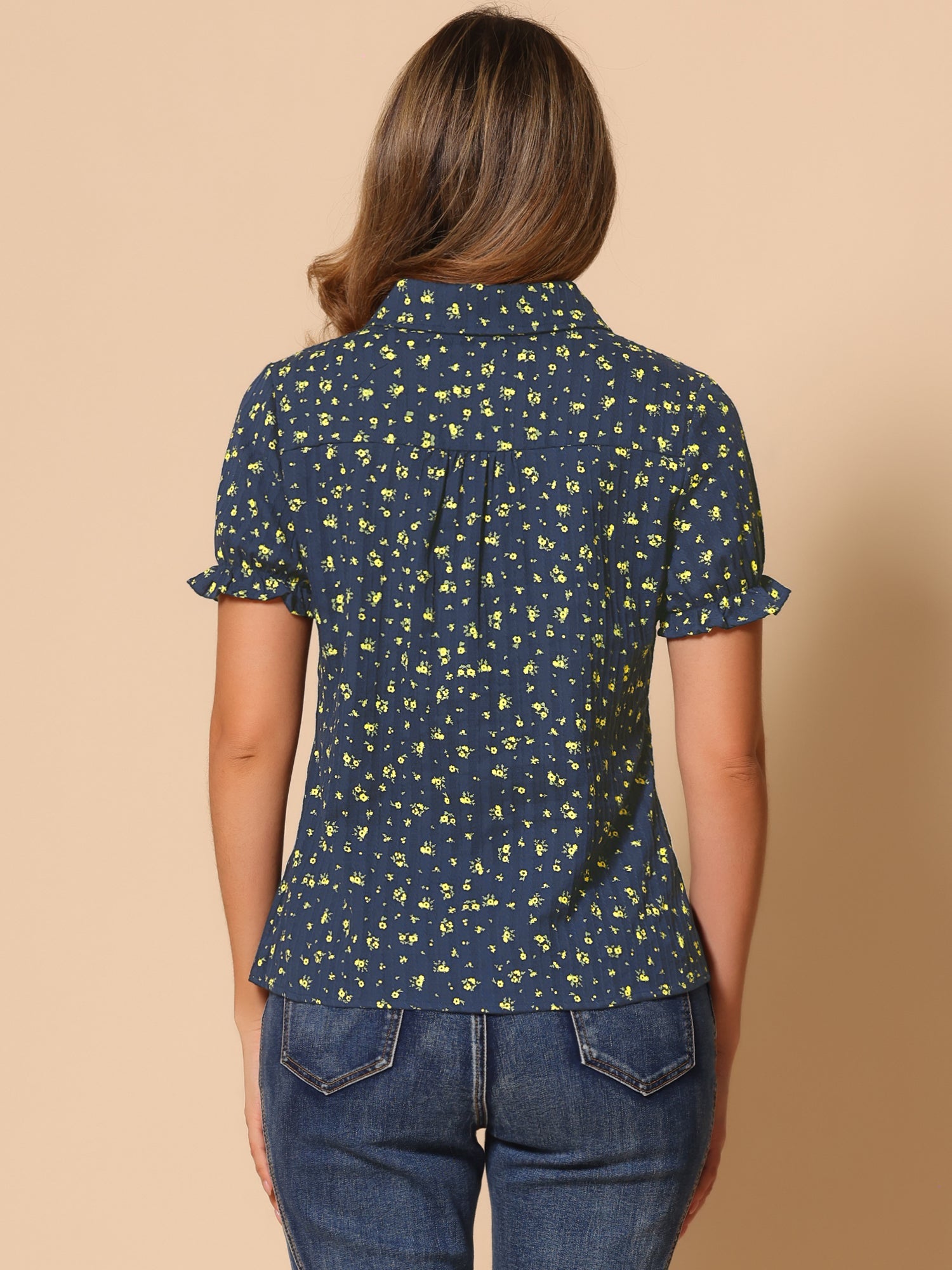 Floral Printed Peter Pan Collar Cotton Short Sleeve Shirt