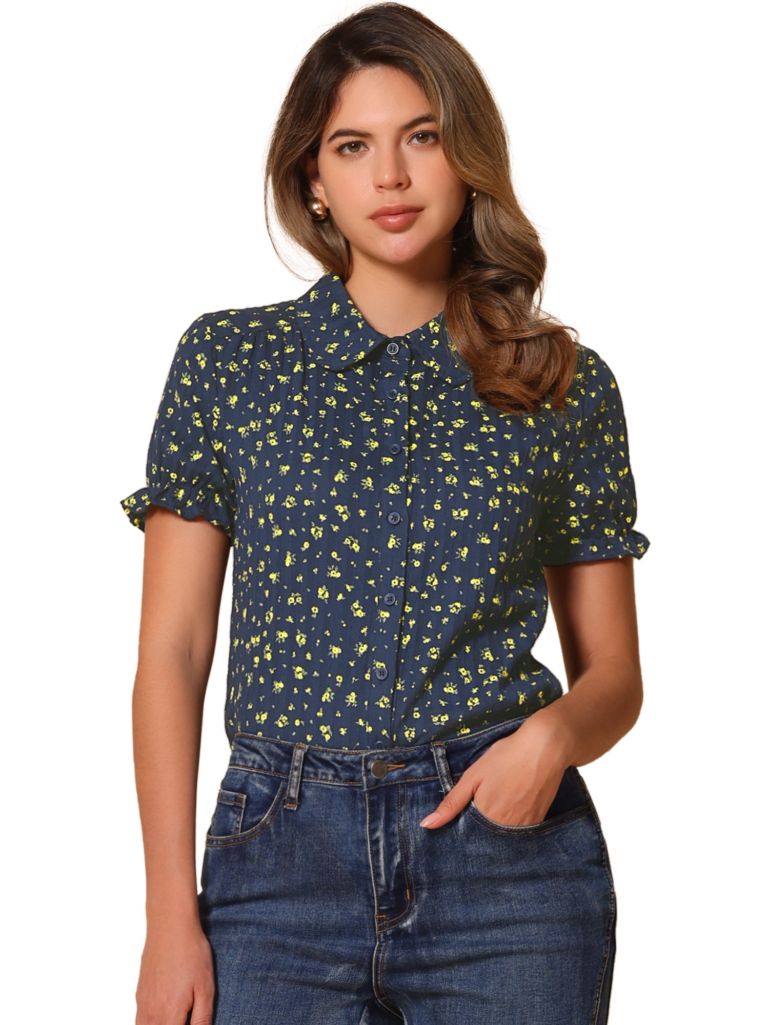 Floral Printed Peter Pan Collar Cotton Short Sleeve Shirt