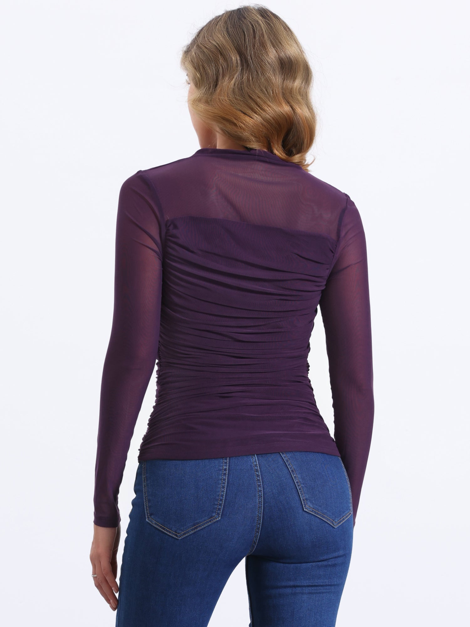 Mesh Solid Long Sleeve Mock Neck Sheer Panel Side Shirring Top