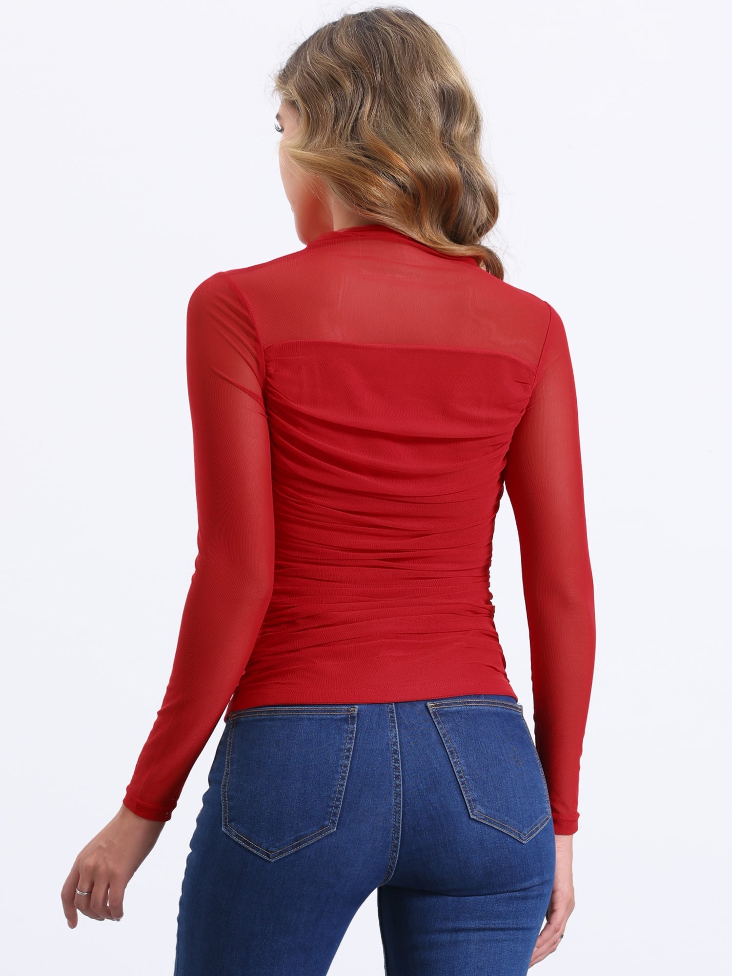 Mesh Solid Long Sleeve Mock Neck Sheer Panel Side Shirring Top