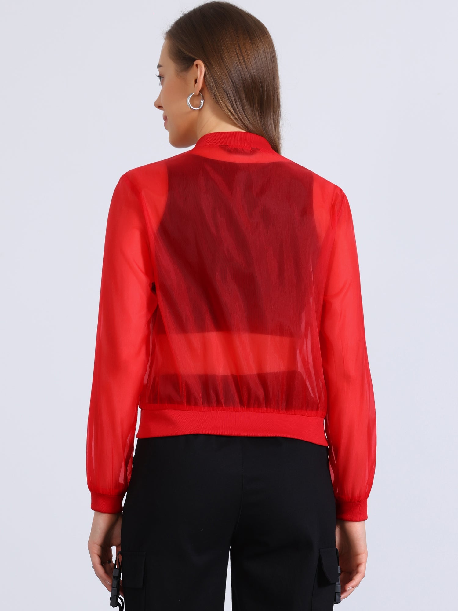 Zip Up See Through Lightweight Long Sleeve Mesh Bomber Jacket