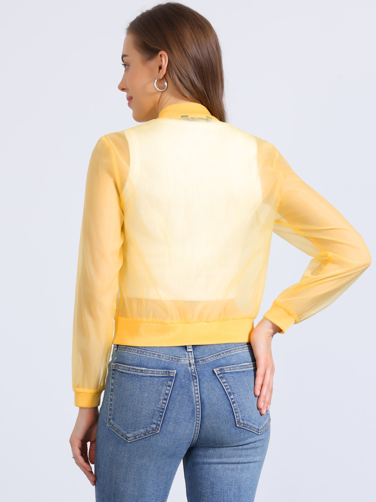 Zip Up See Through Lightweight Long Sleeve Mesh Bomber Jacket