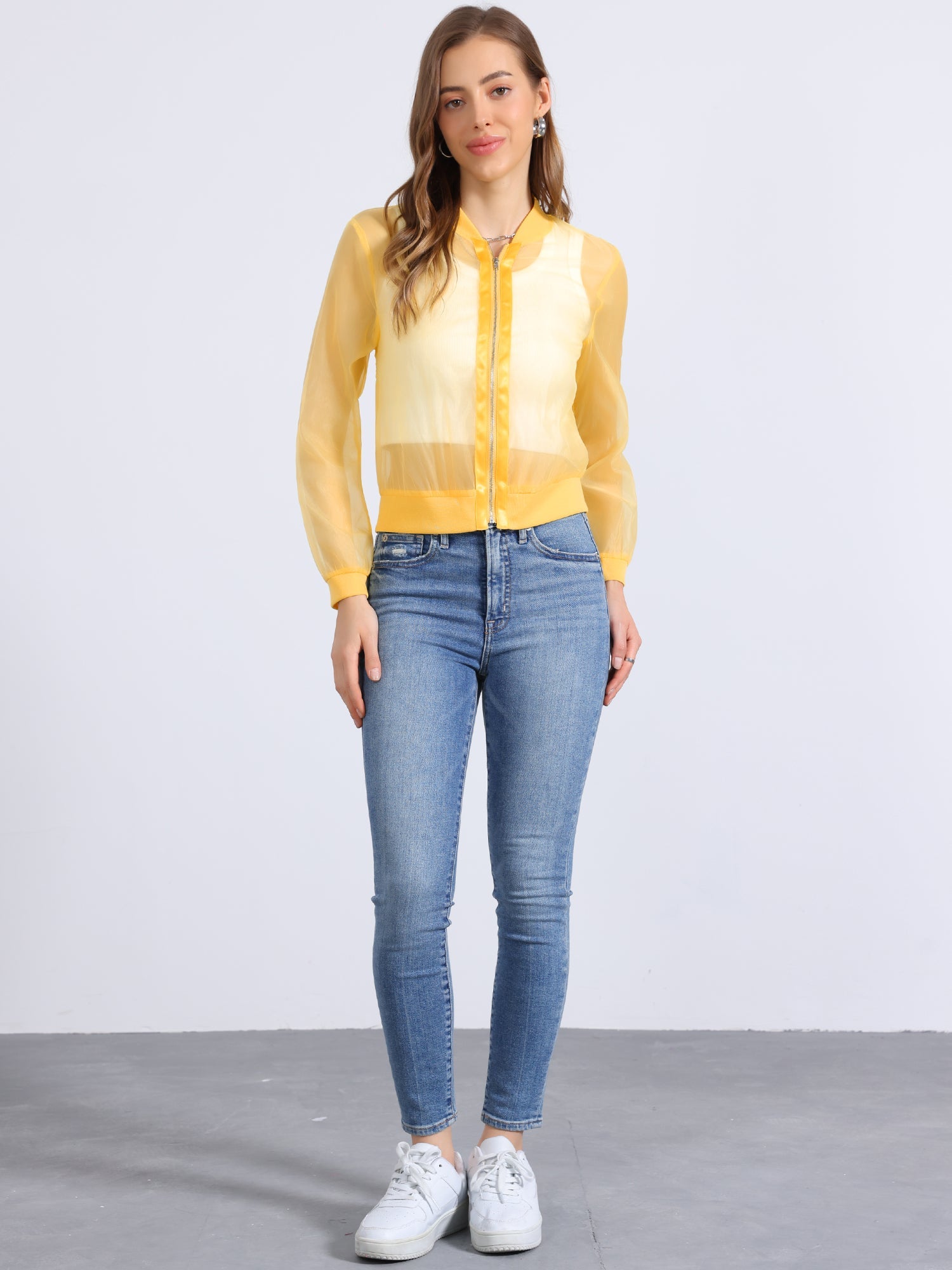 Zip Up See Through Lightweight Long Sleeve Mesh Bomber Jacket