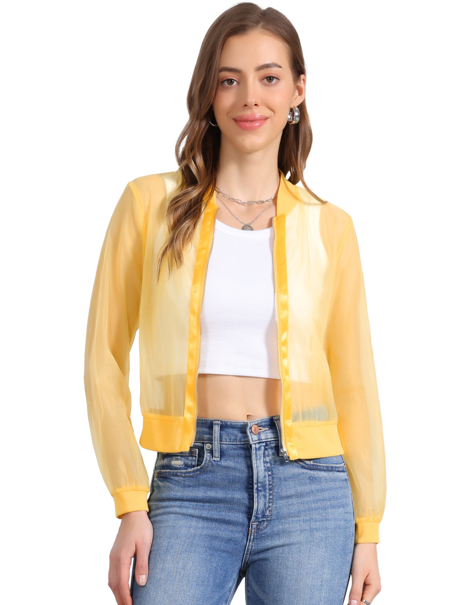 Zip Up See Through Lightweight Long Sleeve Mesh Bomber Jacket