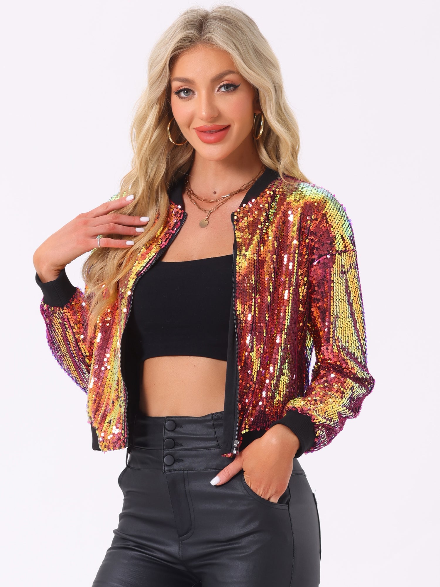 Sequin Sparkle Party Long Sleeve Zipper Bomber Jacket