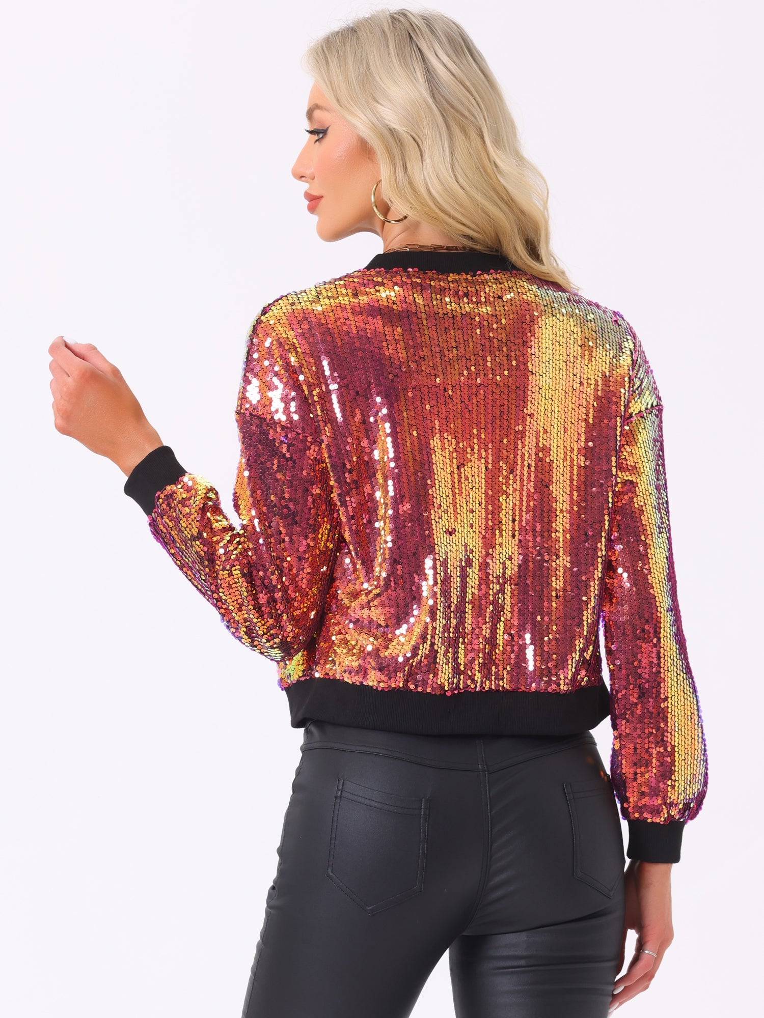 Sequin Sparkle Party Long Sleeve Zipper Bomber Jacket