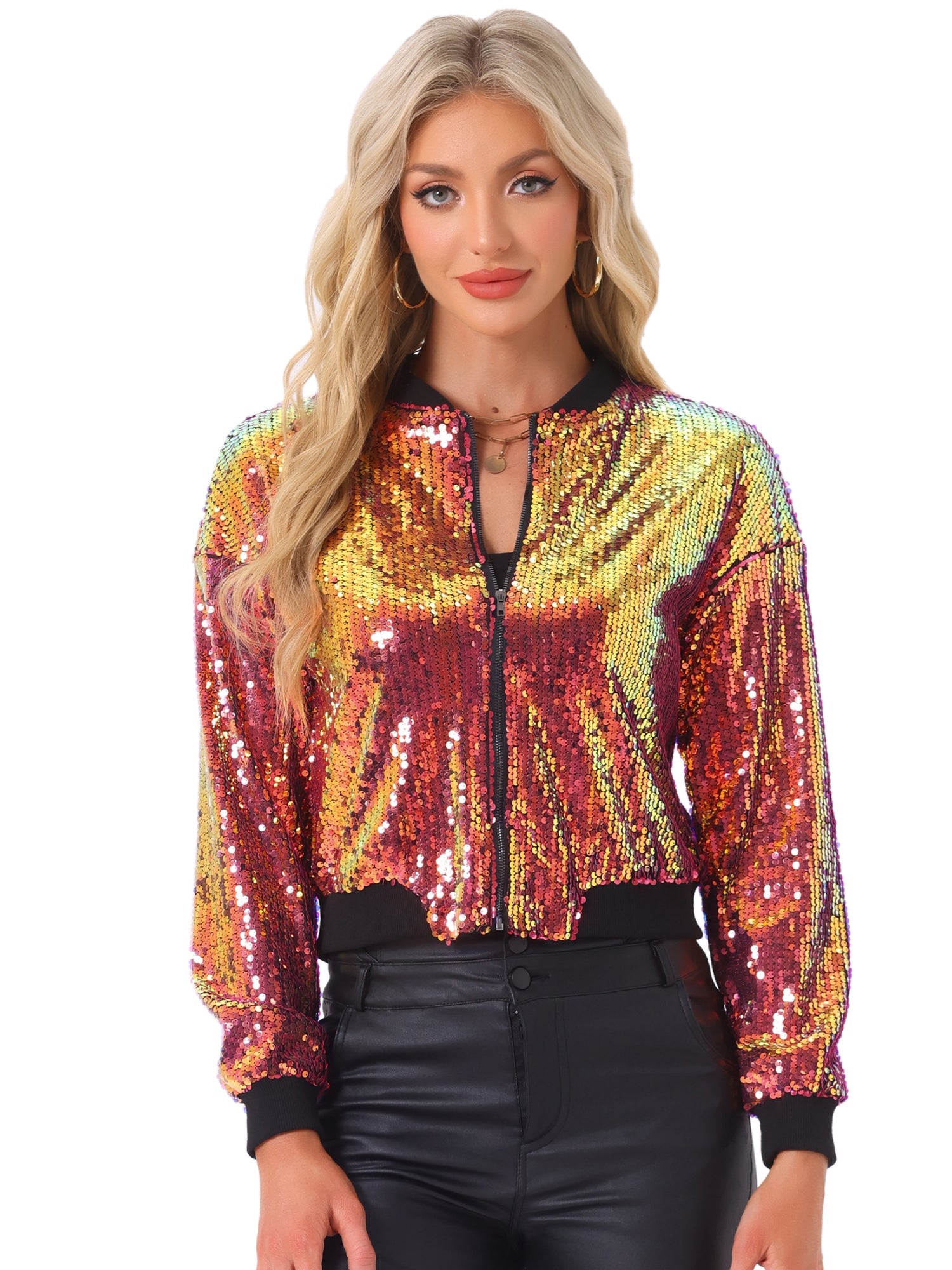 Sequin Sparkle Party Long Sleeve Zipper Bomber Jacket