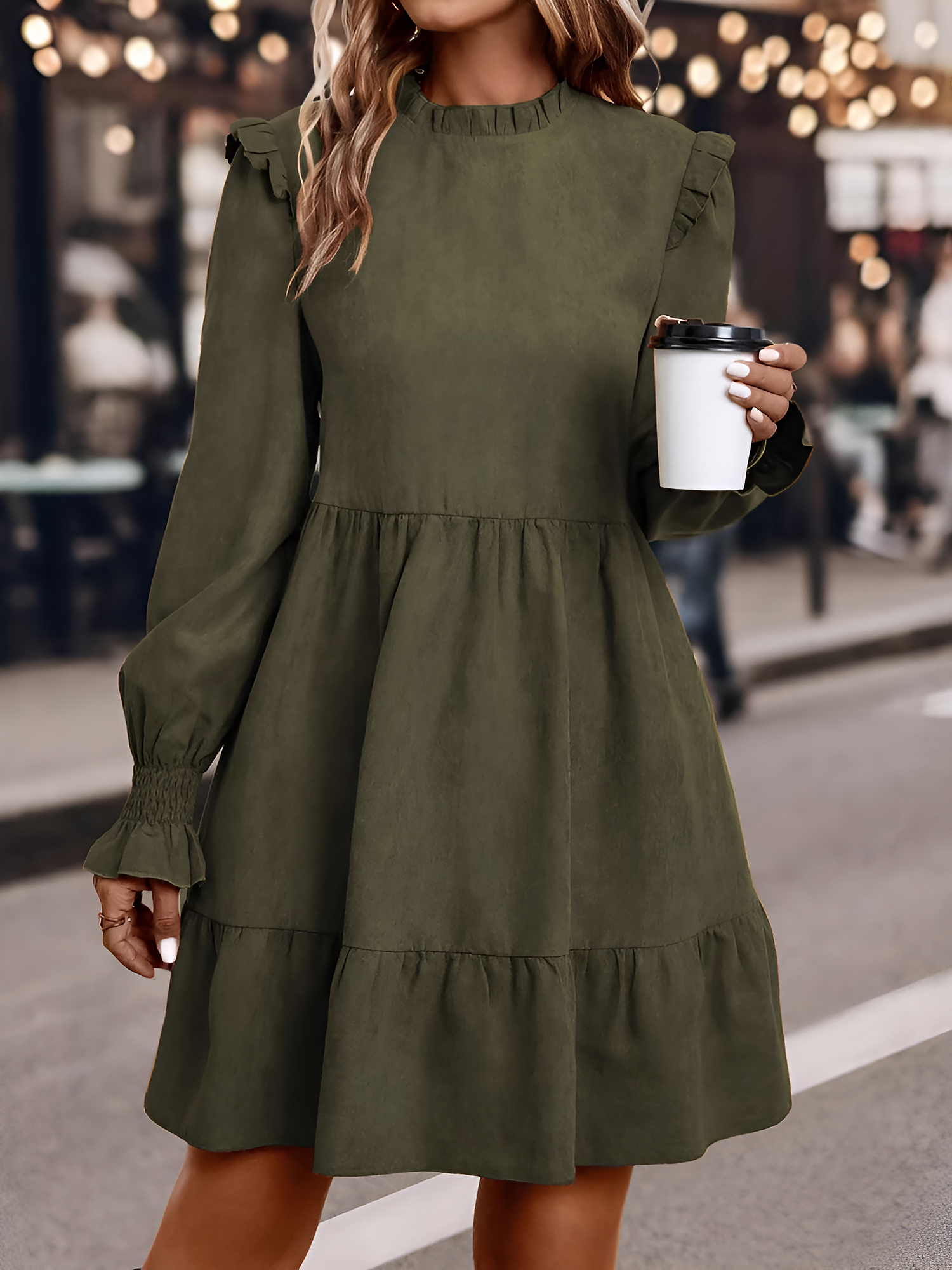 Ruffled Smocked Long Sleeve A-Line Mini Dress