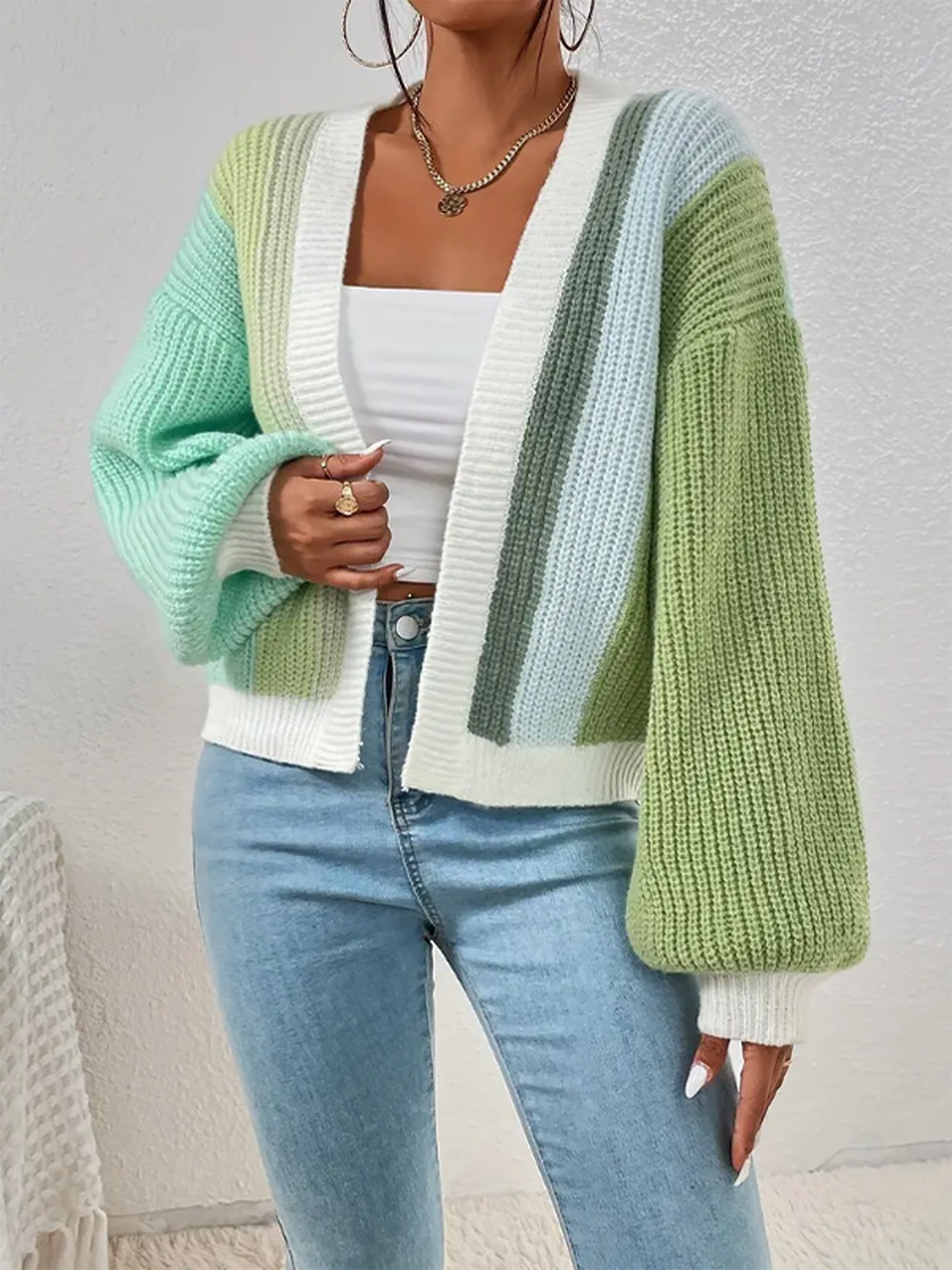 Coloblock Long Lantern Sleeve Ribbed Knit Cardigan