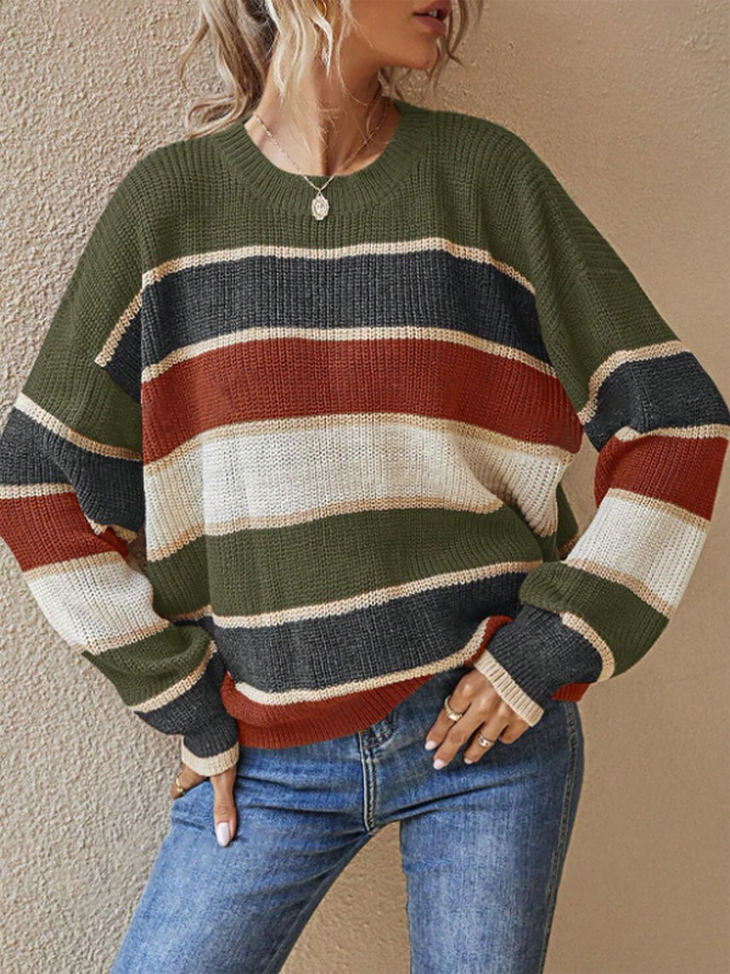 Round Neck Colorblock Striped Long Sleeves Sweater