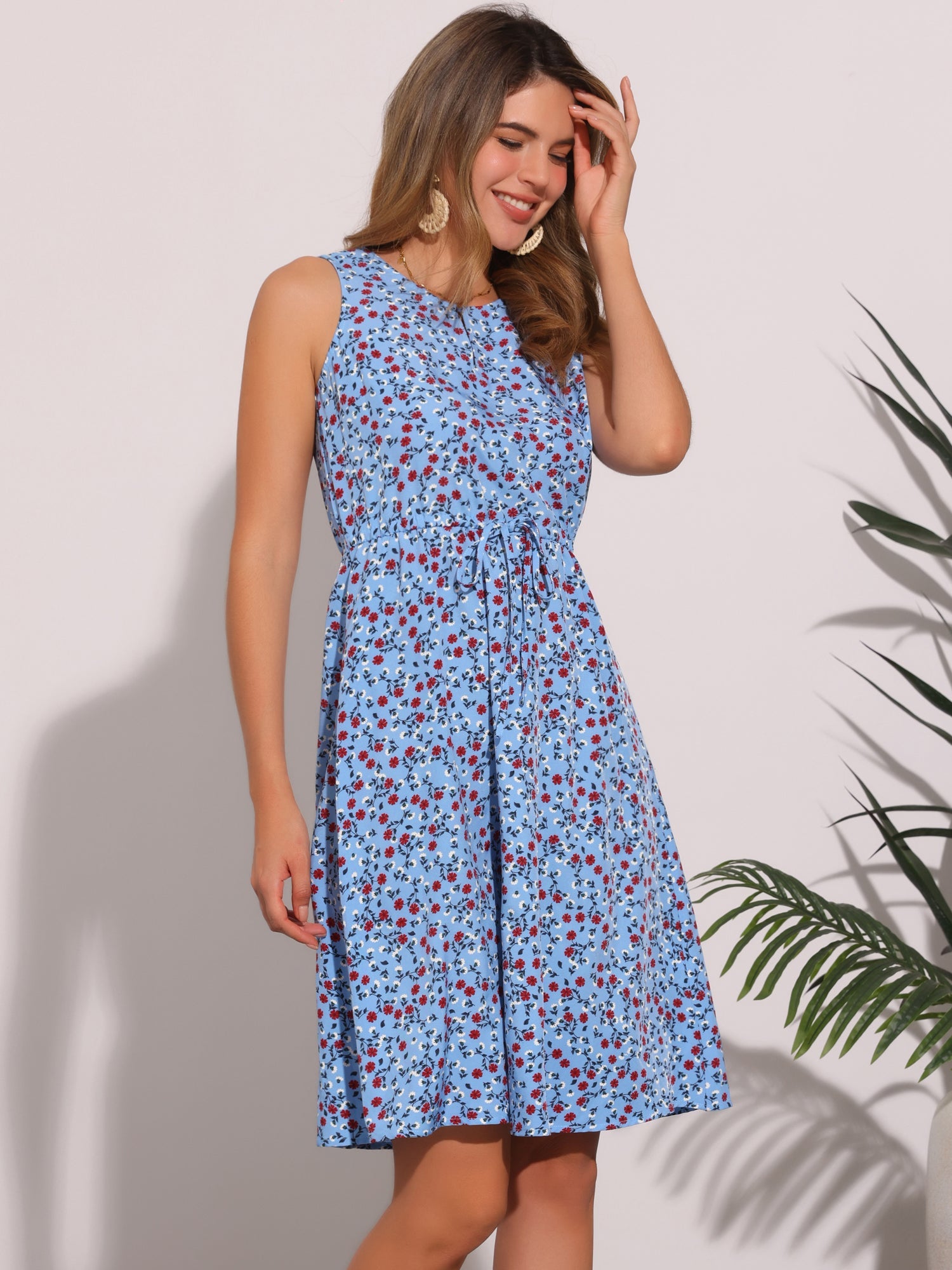 Floral Drawstring Waist Sleeveless A-Line Midi Dress Sundress