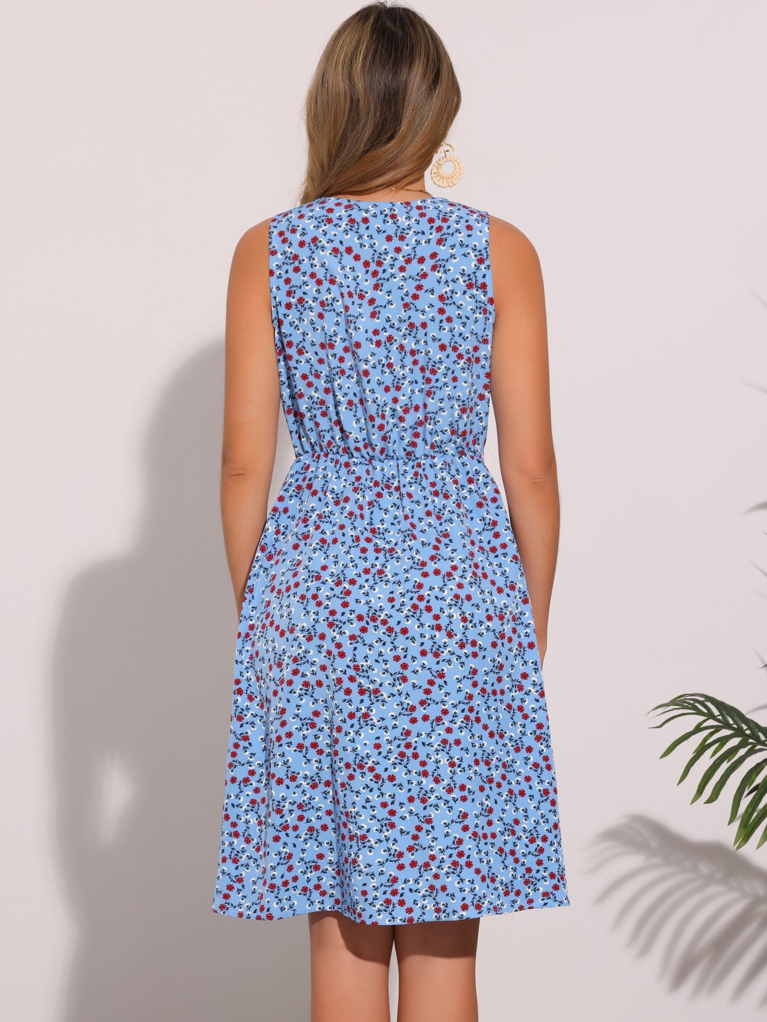 Floral Drawstring Waist Sleeveless A-Line Midi Dress Sundress