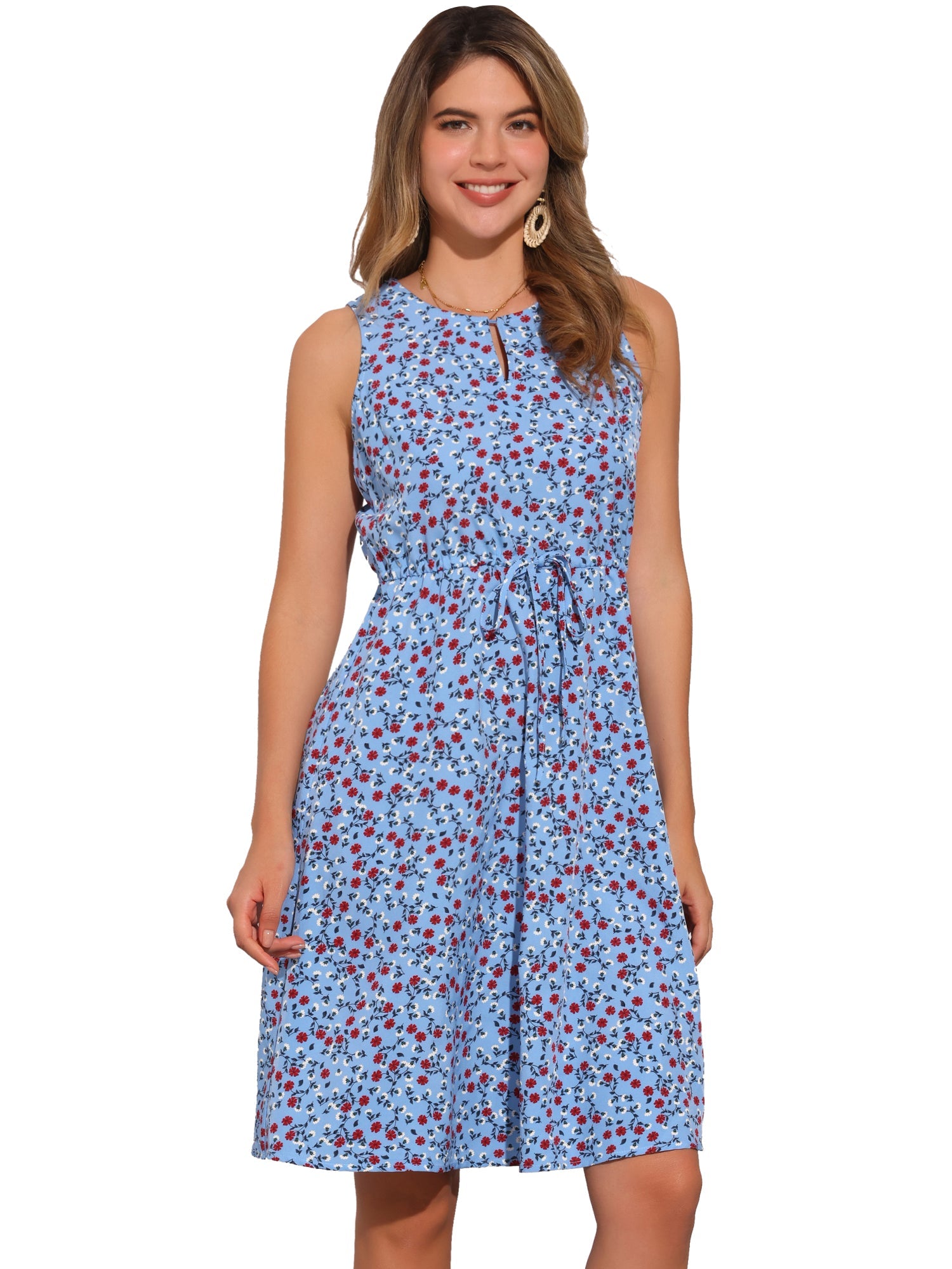 Floral Drawstring Waist Sleeveless A-Line Midi Dress Sundress