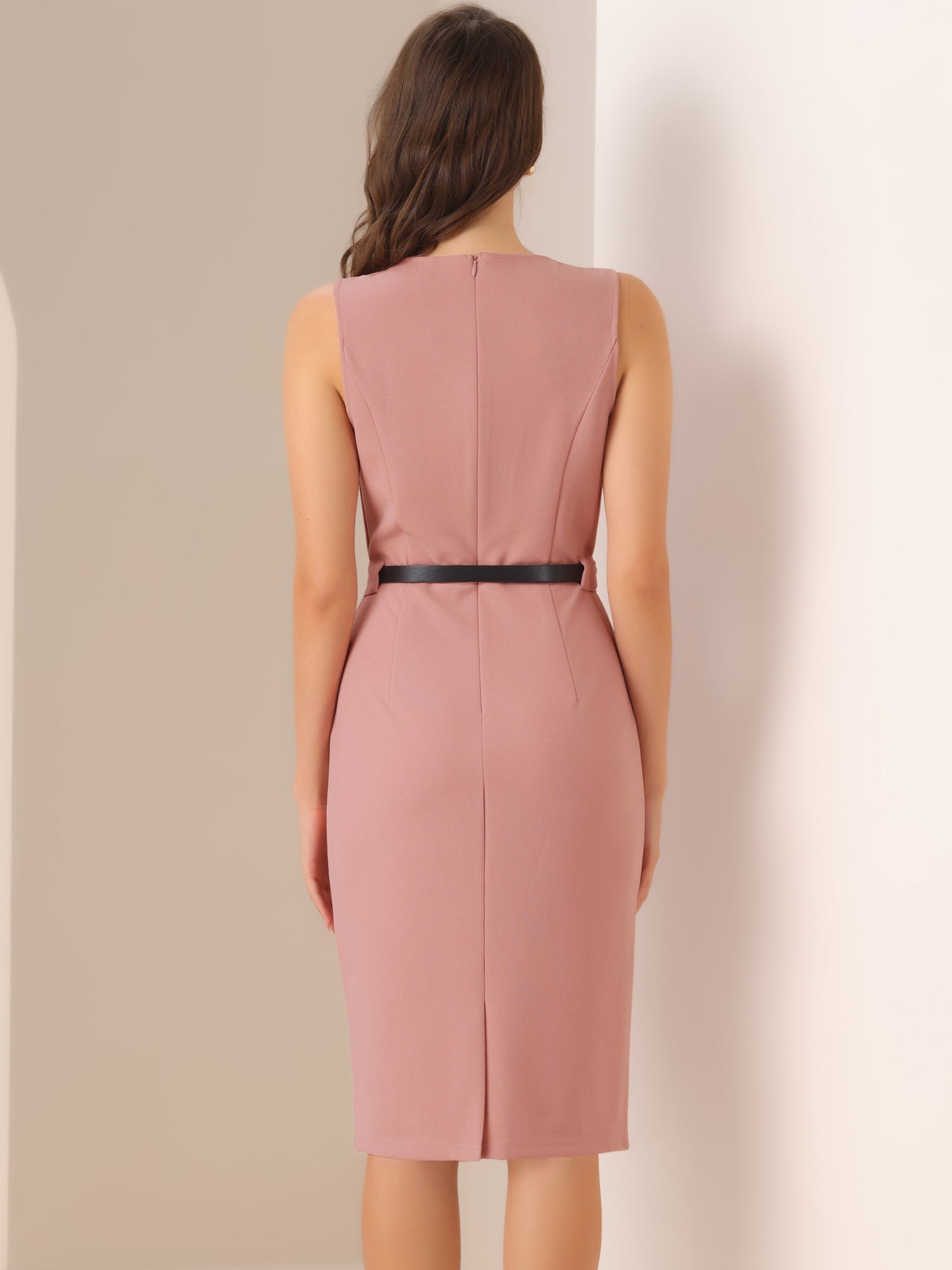 Belted Sheath Round Neck Sleeveless Casual Office Dress